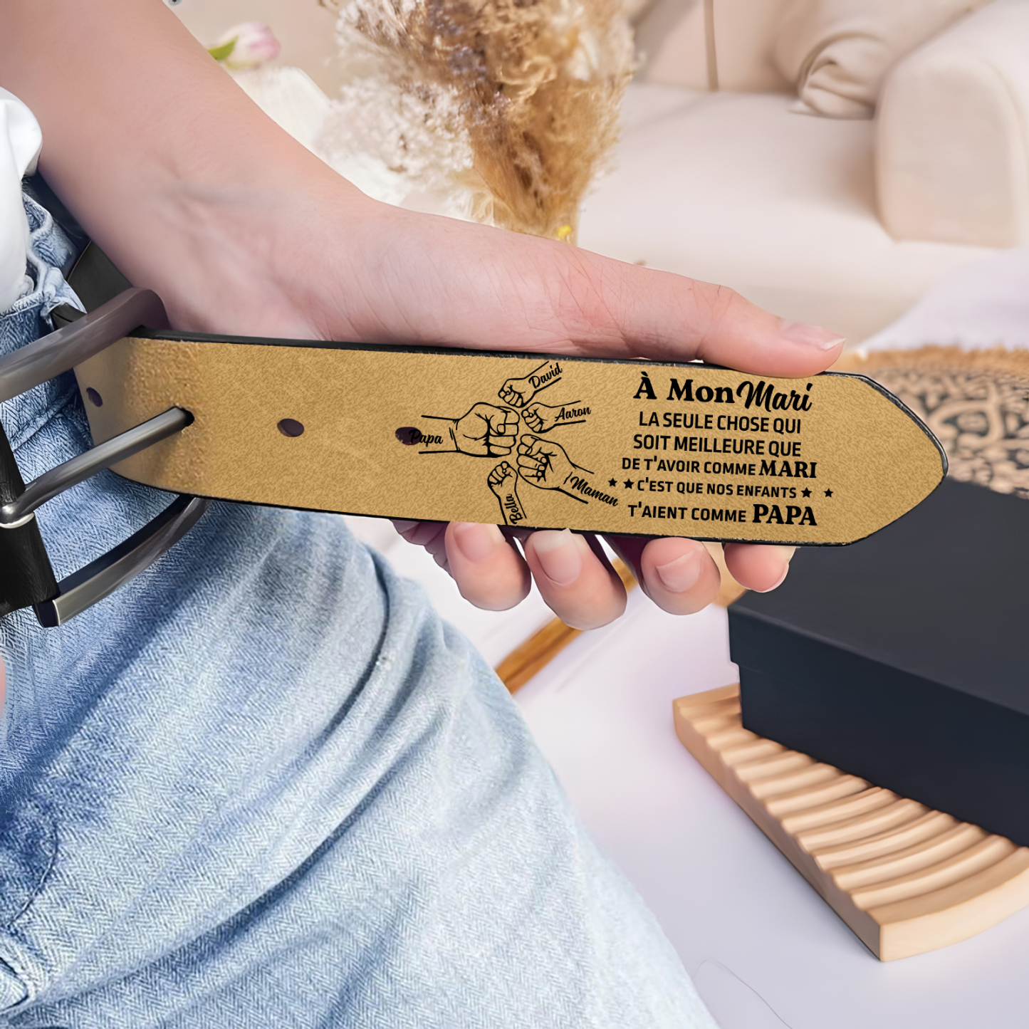 À mon Mari - Ceinture Poing en Cuir Personnalisé avec 5 Prénoms Cadeau pour Homme | Jessemade