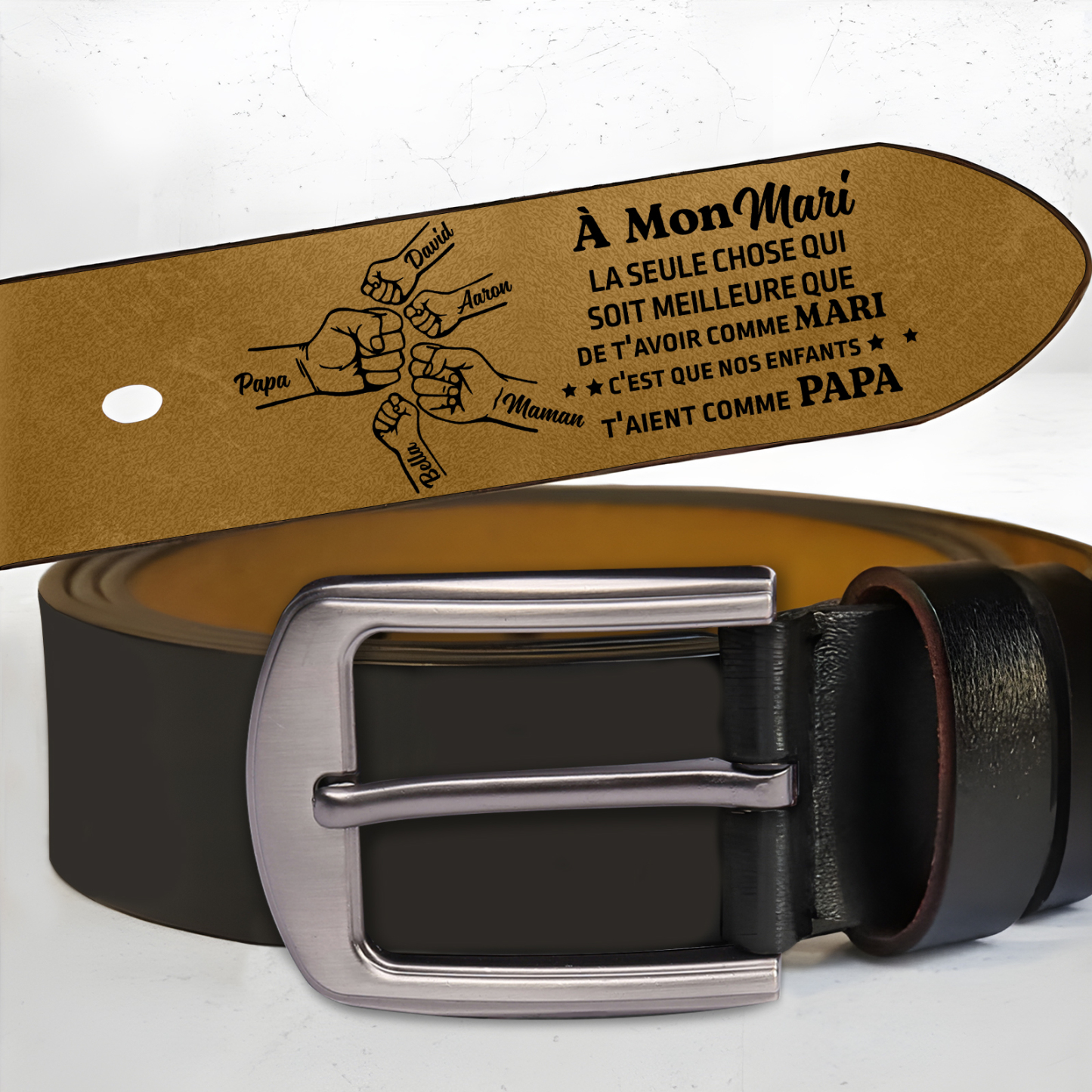 Ceinture Personnalisée Homme en Cuir avec Message Gravé – Cadeau Idéal pour Mari ou Papa | Jessemade