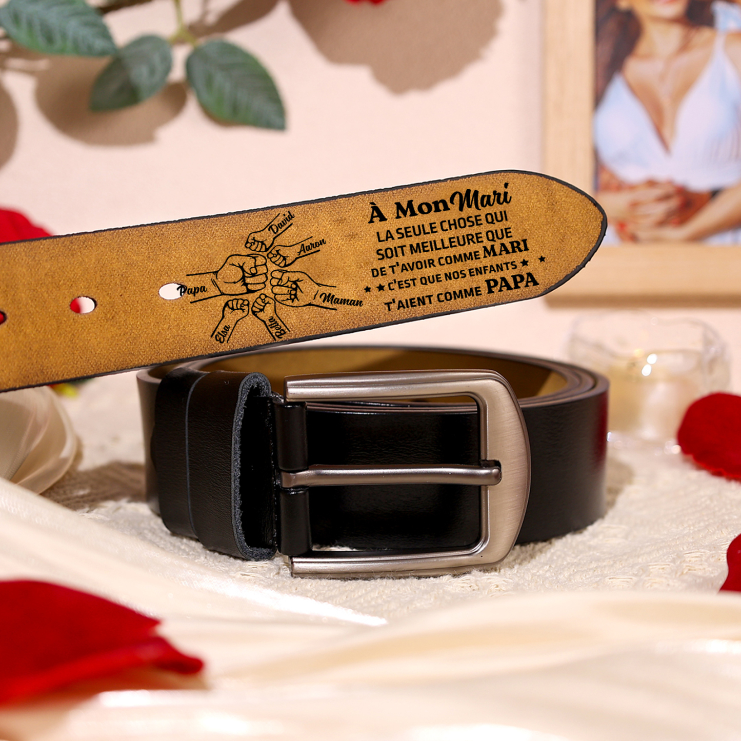À mon Mari - Ceinture Poing en Cuir Personnalisé avec 6 Prénoms Cadeau pour Homme | Jessemade