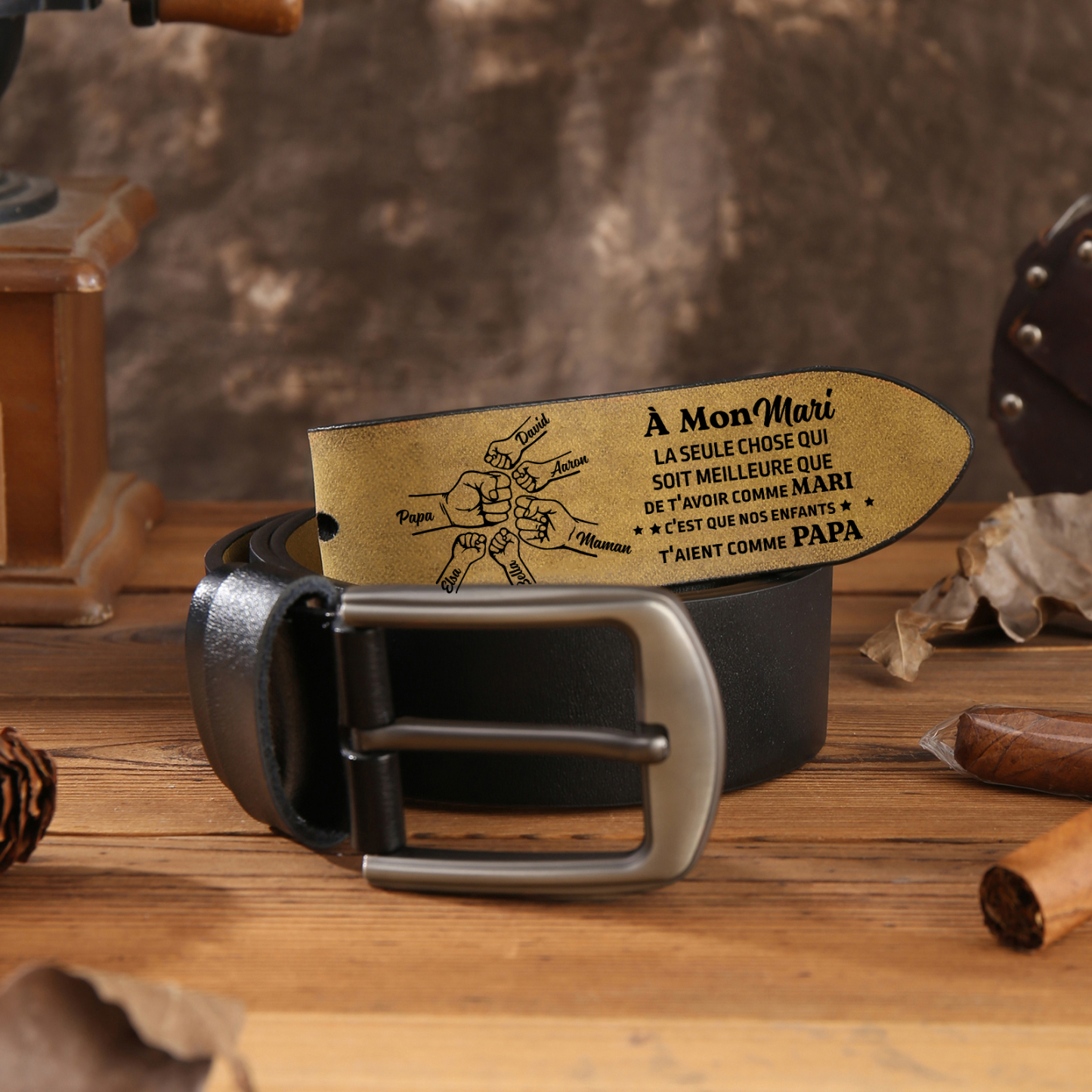 À mon Mari - Ceinture Poing en Cuir Personnalisé avec 6 Prénoms Cadeau pour Homme | Jessemade
