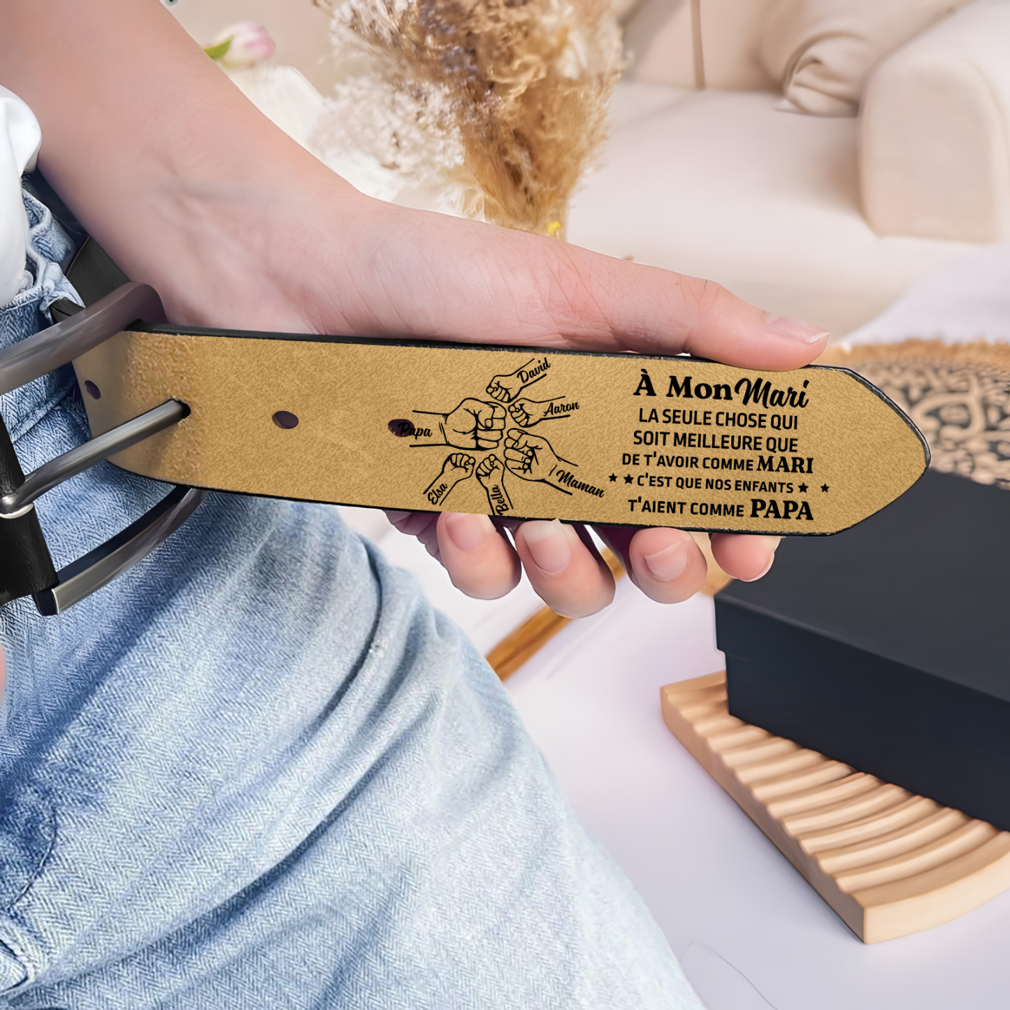 À mon Mari - Ceinture Poing en Cuir Personnalisé avec 6 Prénoms Cadeau pour Homme | Jessemade