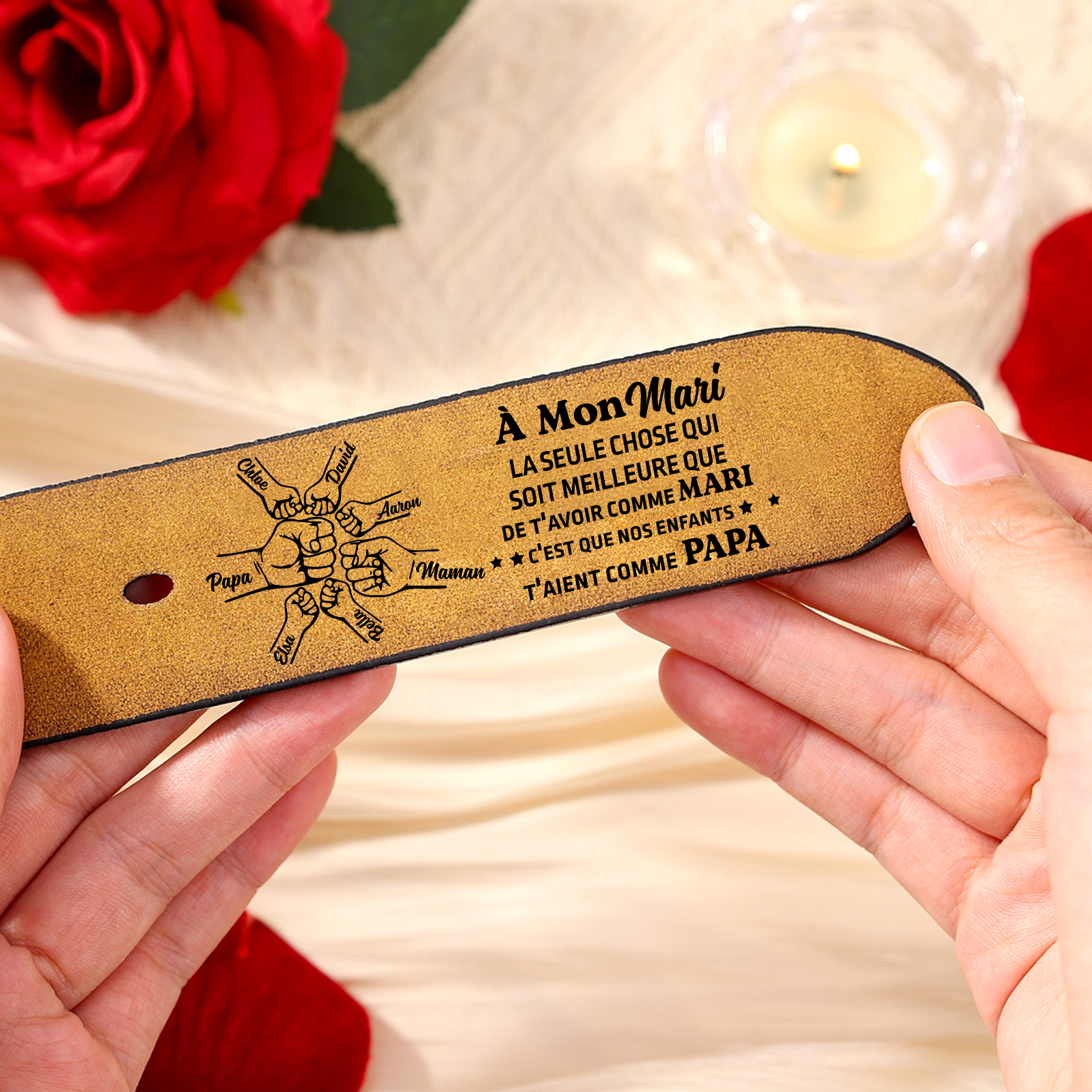 À mon Mari - Ceinture Poing en Cuir Personnalisé avec 7 Prénoms Cadeau pour Homme | Jessemade