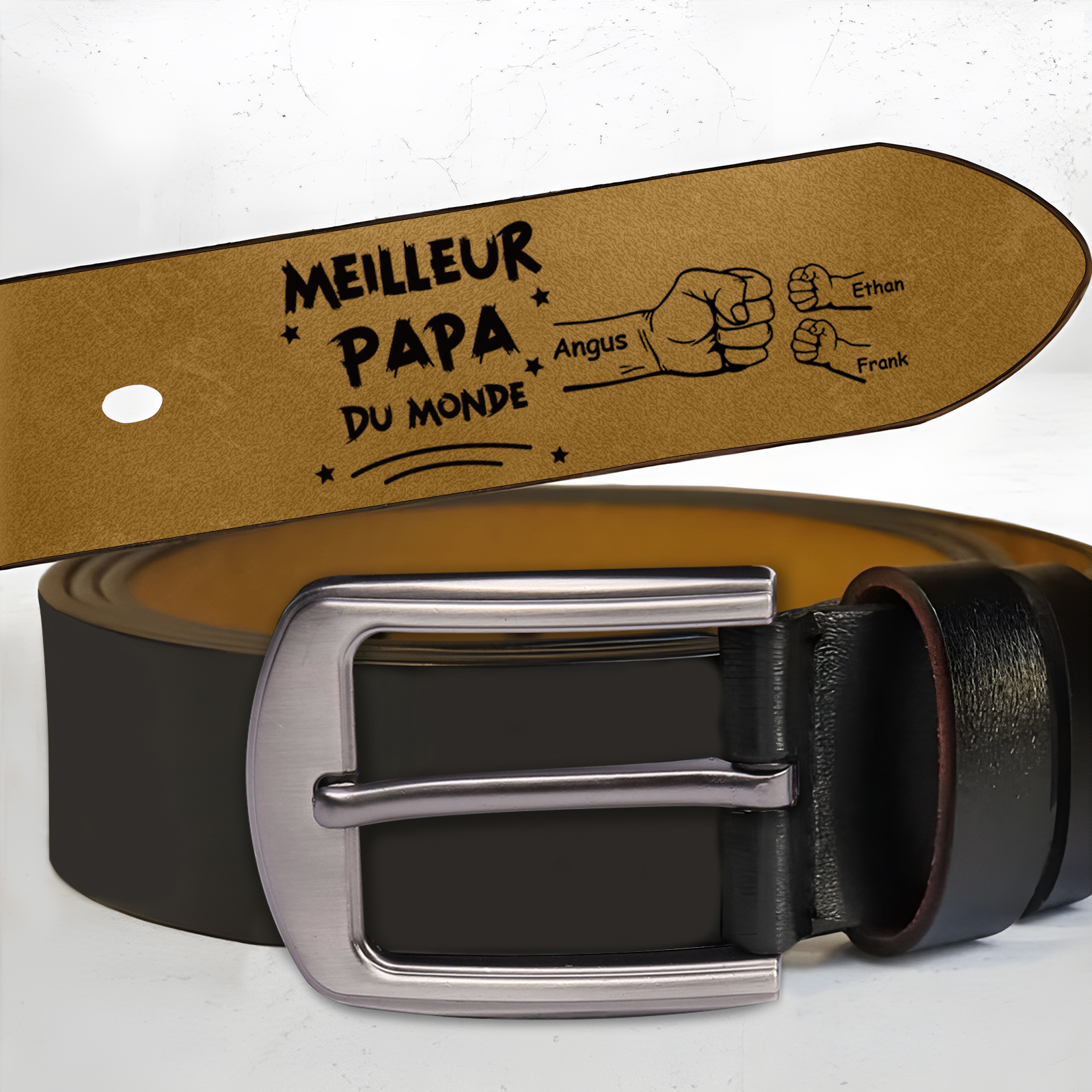 Ceinture en cuir personnalisée avec 3 prénoms – Cadeau unique pour le meilleur papa du monde | Jessemade