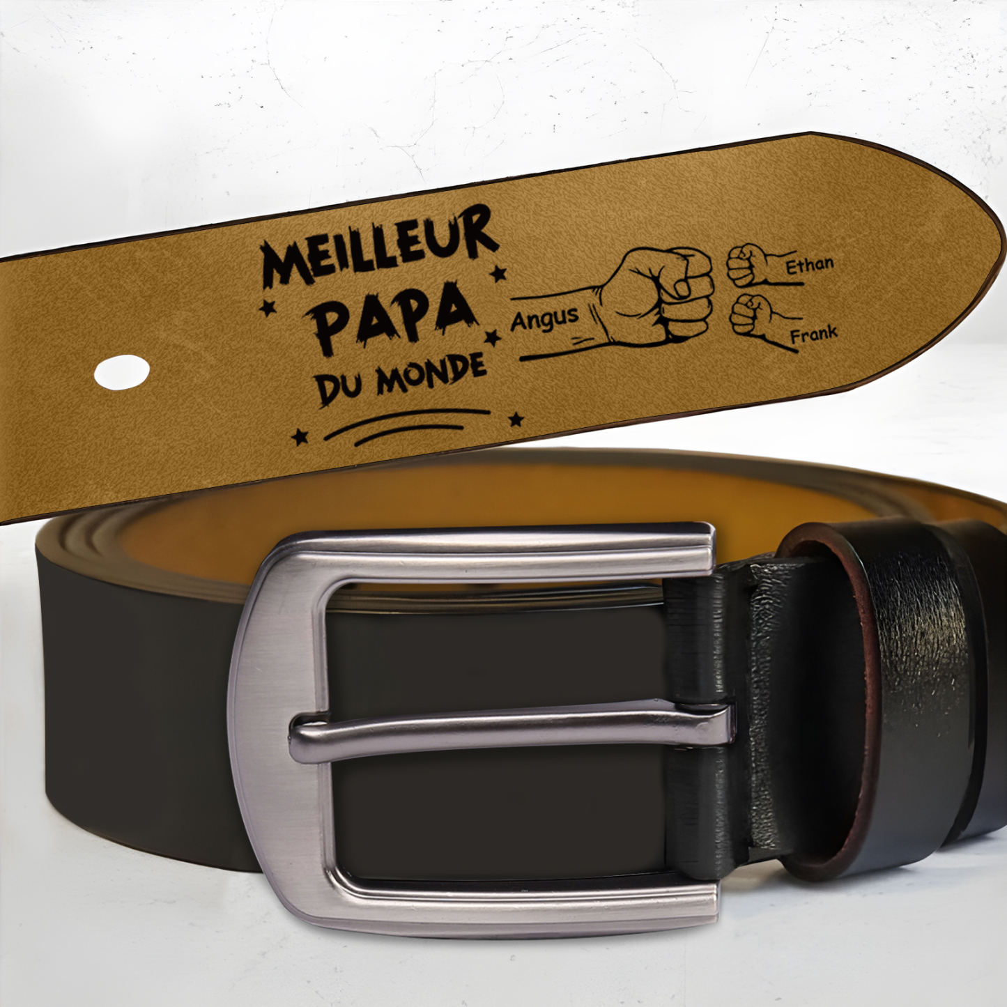 Ceinture en cuir personnalisée avec 3 prénoms – Cadeau unique pour le meilleur papa du monde | Jessemade