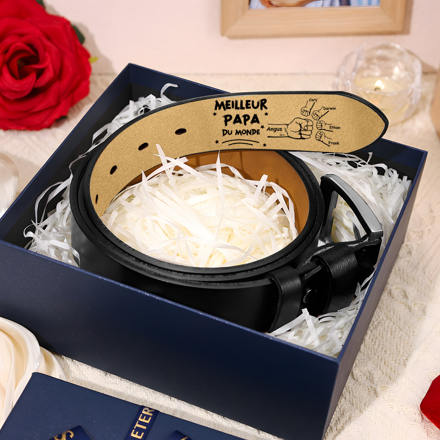 À mon Papa - Ceinture Poing en Cuir Personnalisé avec 5 Prénoms Meilleur Papa du Monde Cadeau pour Homme | Jessemade