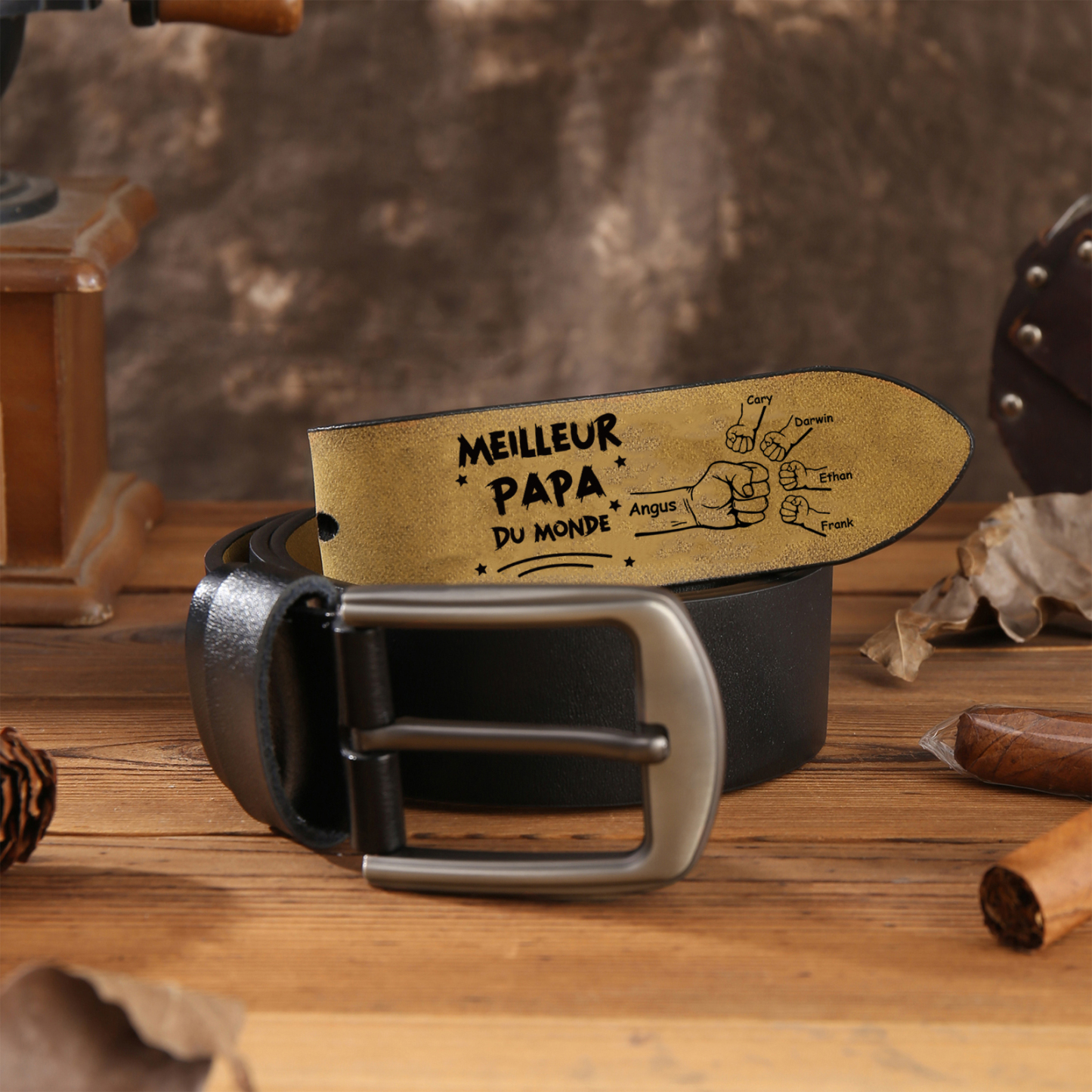 À mon Papa - Ceinture Poing en Cuir Personnalisé avec 5 Prénoms Meilleur Papa du Monde Cadeau pour Homme | Jessemade