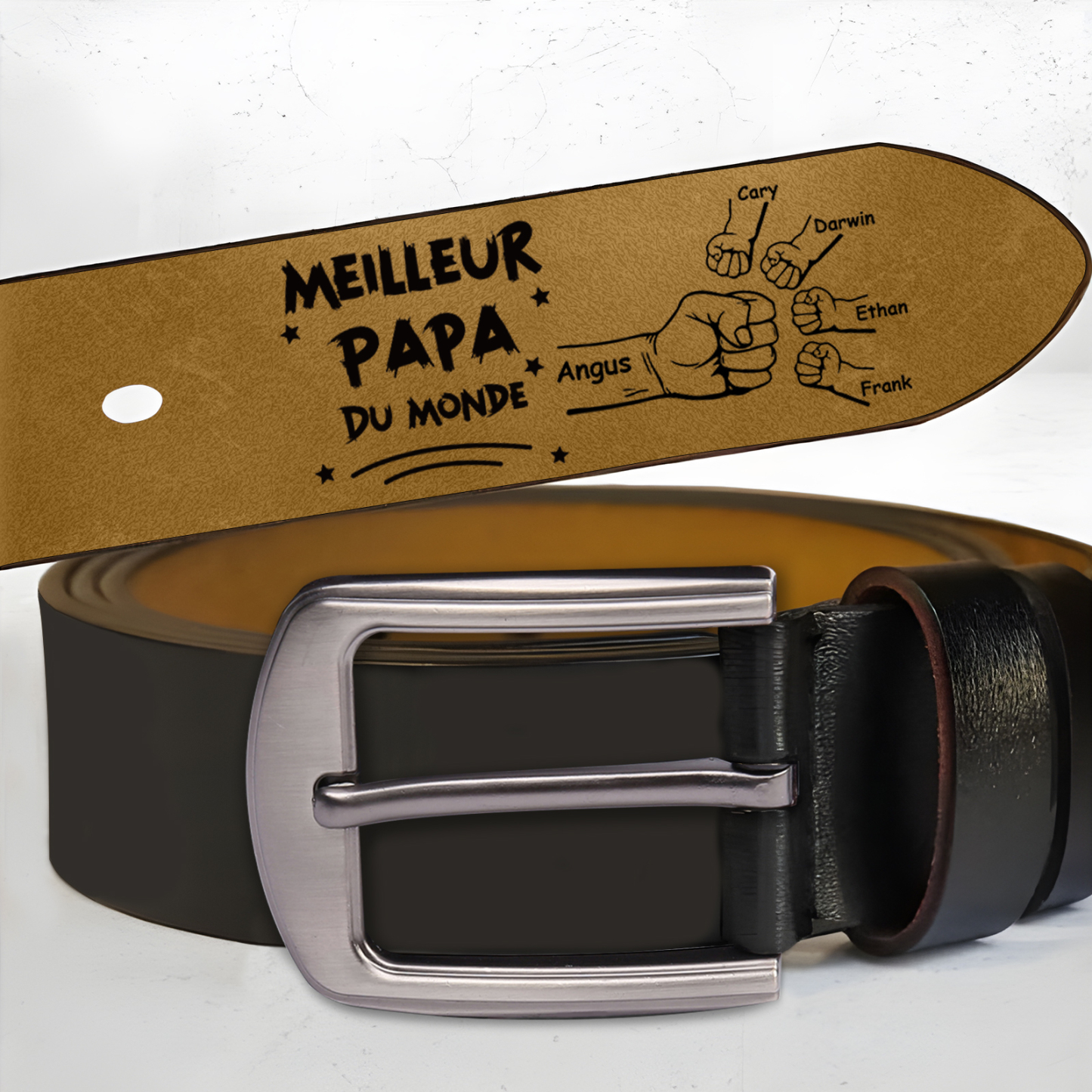 Ceinture personnalisée en cuir avec 5 prénoms – Gravure Meilleur Papa du Monde, cadeau touchant et utile pour papa | Jessemade