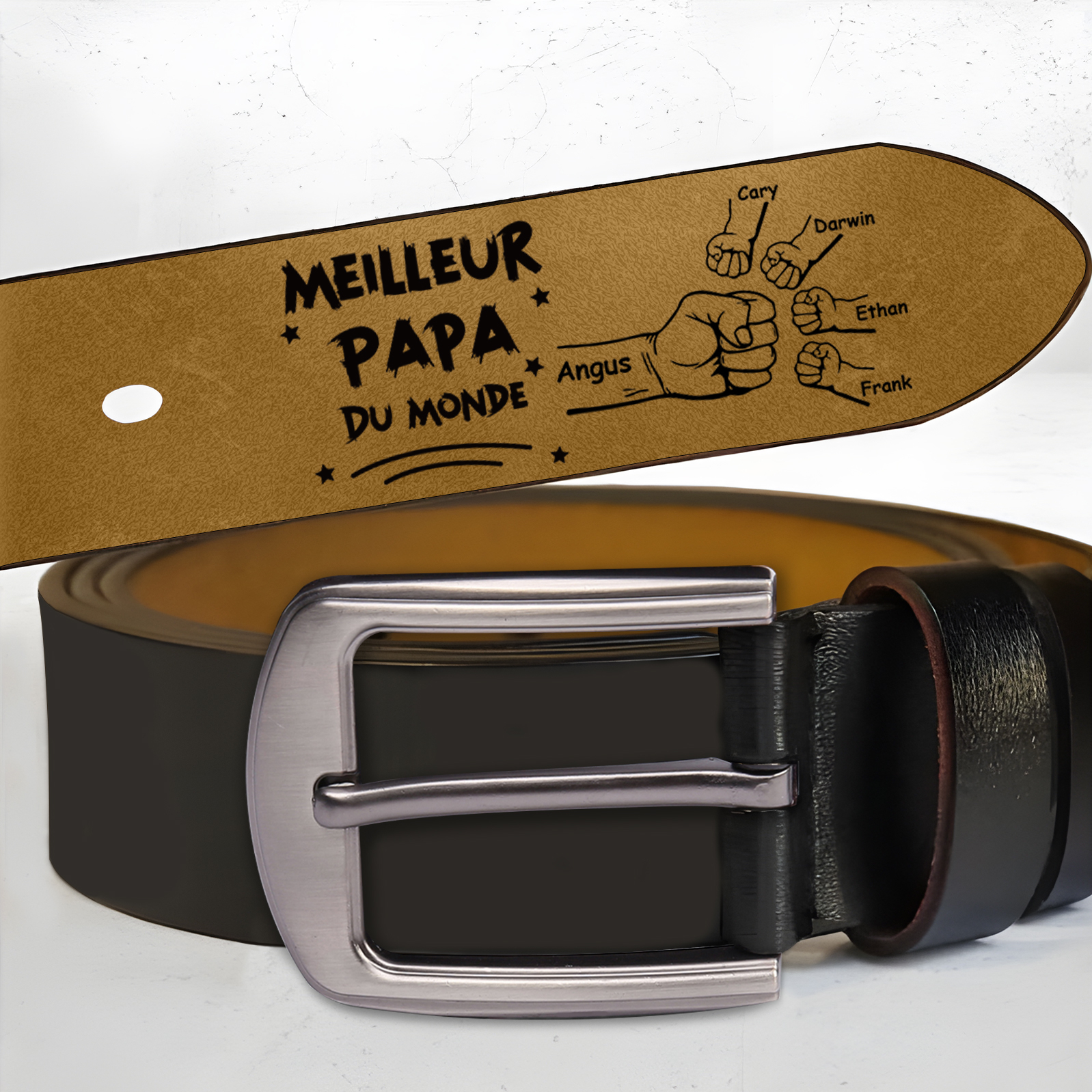 Ceinture personnalisée en cuir avec 5 prénoms – Gravure Meilleur Papa du Monde, cadeau touchant et utile pour papa | Jessemade