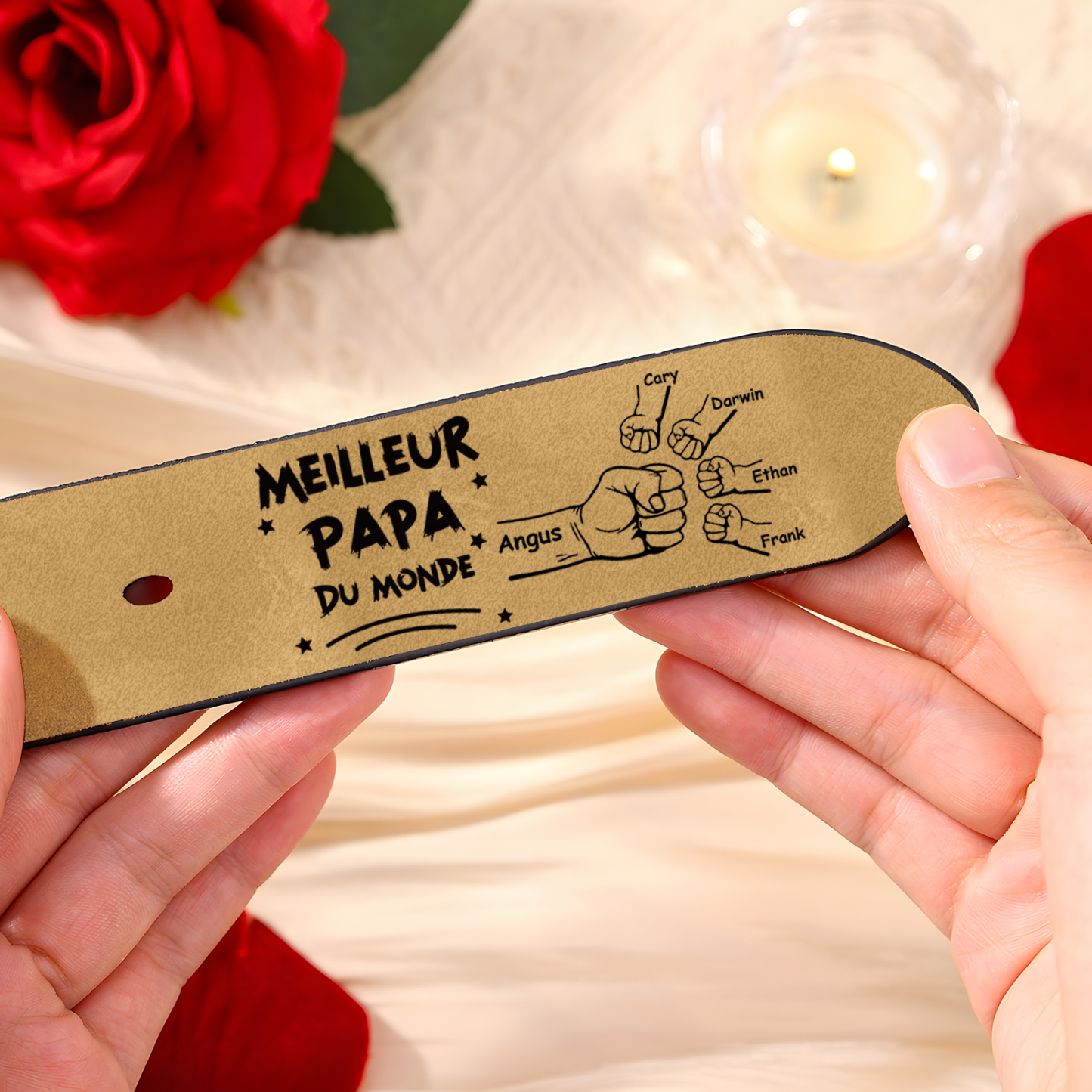 À mon Papa - Ceinture Poing en Cuir Personnalisé avec 5 Prénoms Meilleur Papa du Monde Cadeau pour Homme | Jessemade