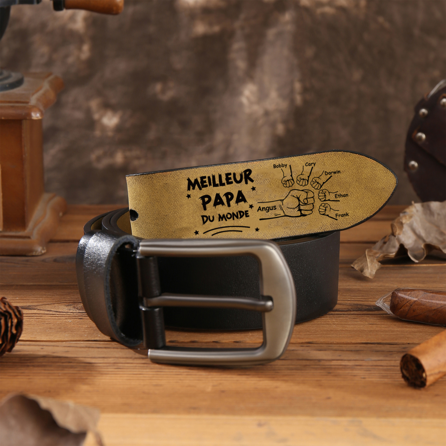 À mon Papa - Ceinture Poing en Cuir Personnalisé avec 6 Prénoms Meilleur Papa du Monde Cadeau pour Homme | Jessemade