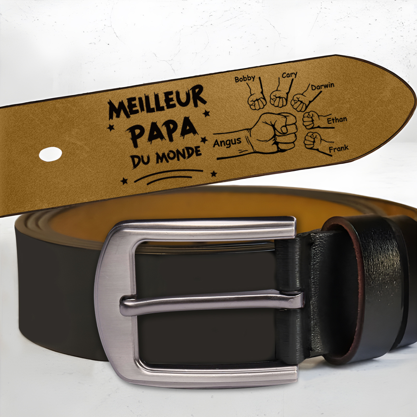 À mon Papa - Ceinture Poing en Cuir Personnalisé avec 6 Prénoms Meilleur Papa du Monde Cadeau pour Homme | Jessemade