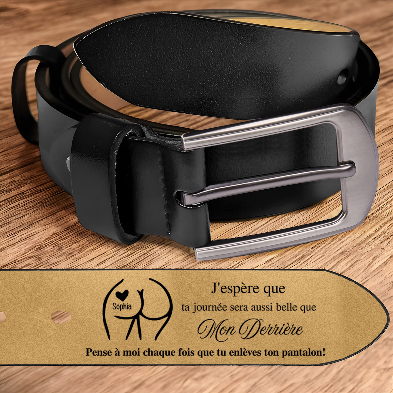 Ceinture en Cuir Personnalisé avec 1 Prénom Message ' Pense à moi chaque fois que tu enlèves ton pantalon ! ' Cadeau pour Homme | Jessemade