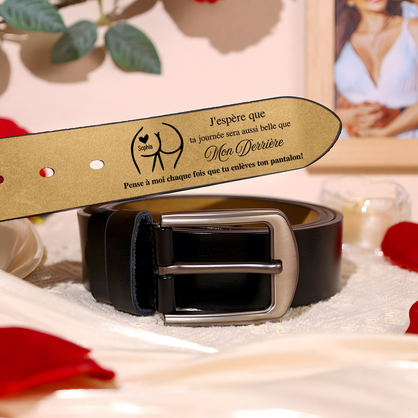 Ceinture en Cuir Personnalisé avec 1 Prénom Message ' Pense à moi chaque fois que tu enlèves ton pantalon ! ' Cadeau pour Homme | Jessemade
