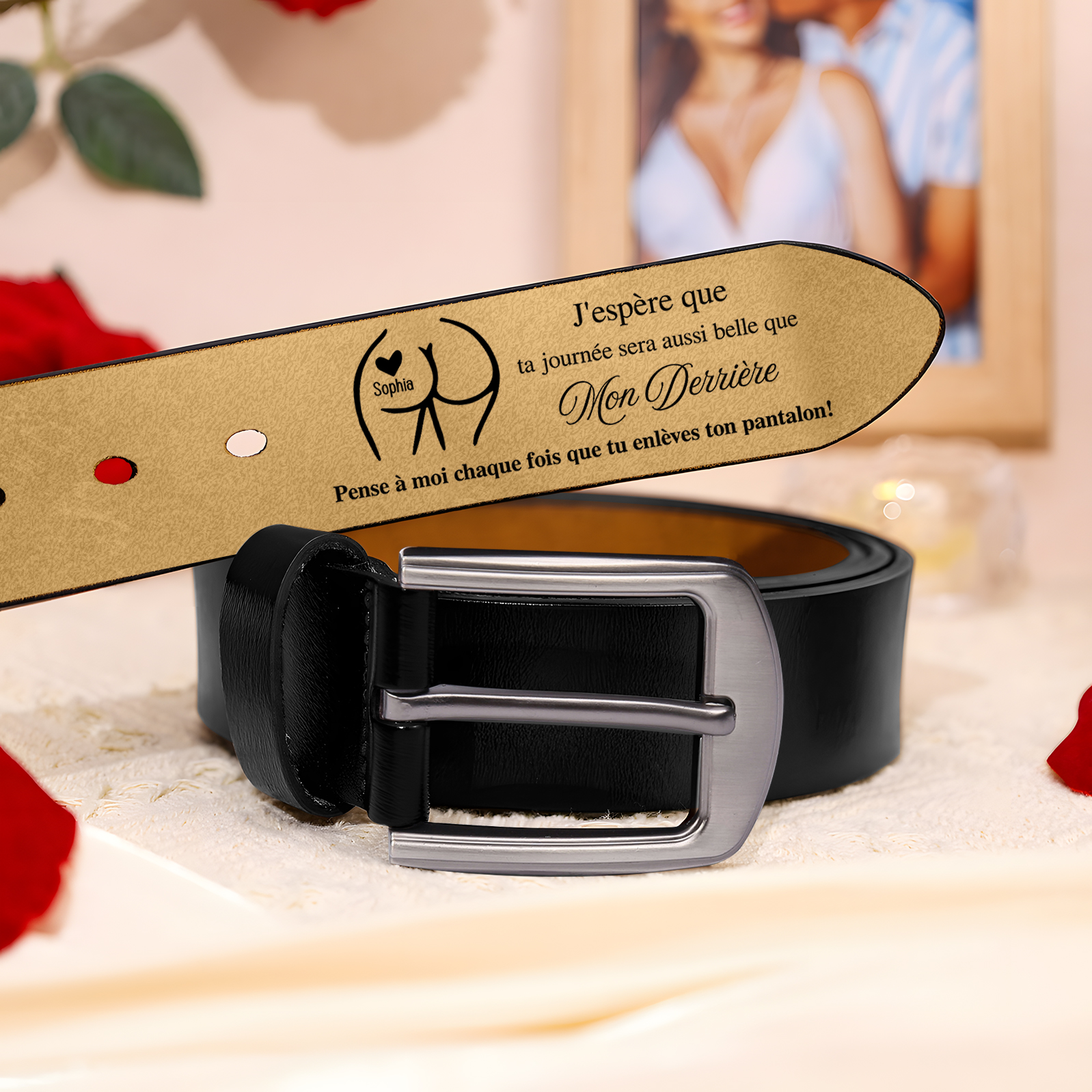 Ceinture  en Cuir Personnalisé avec 1 Prénom Message ' Pense à moi chaque fois que tu enlèves ton pantalon ! ' Cadeau pour Homme | Jessemade