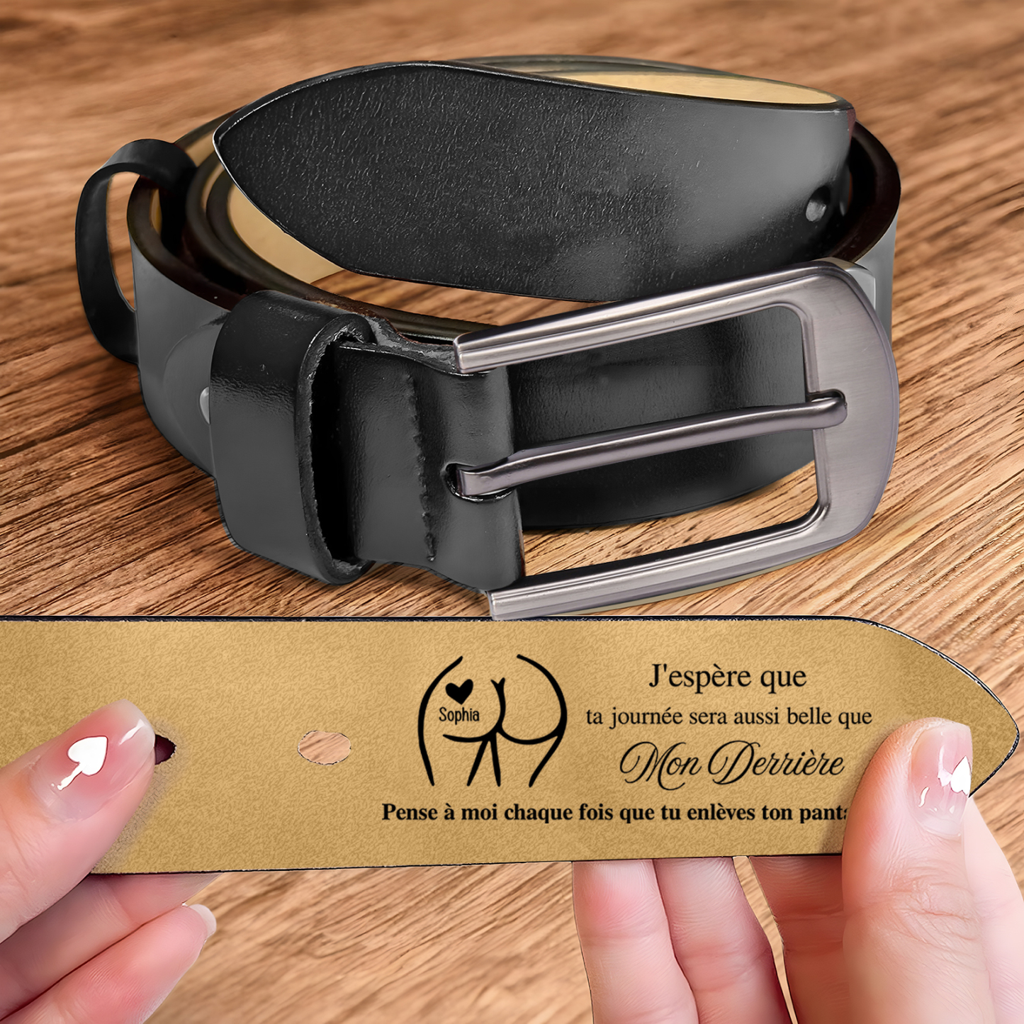 Ceinture en Cuir Personnalisé avec 1 Prénom Message ' Pense à moi chaque fois que tu enlèves ton pantalon ! ' Cadeau pour Homme | Jessemade