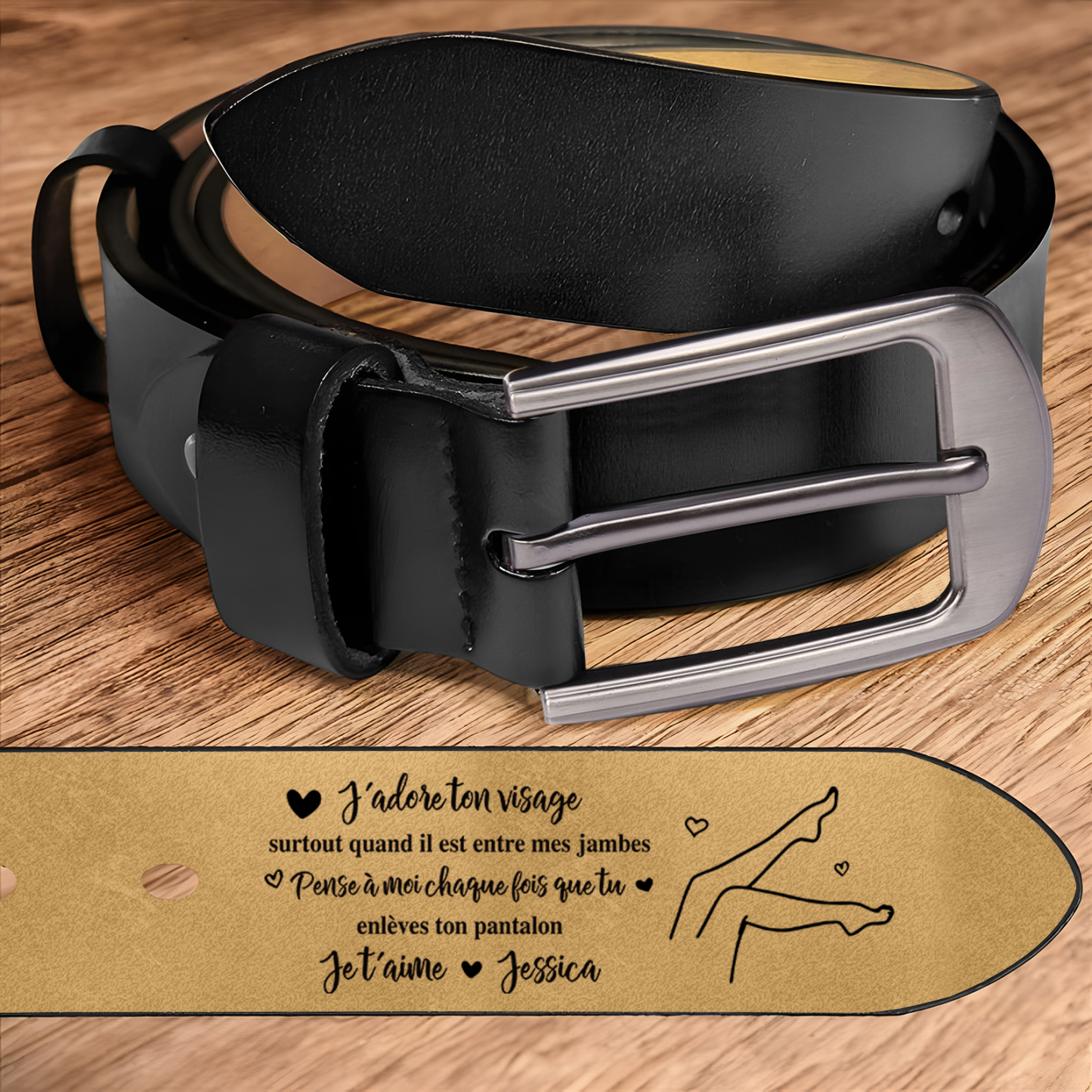 Ceinture en Cuir 1 Prénom Personnalisé avec Texte "J’adore ton visage, surtout quand il est entre mes jambes" Cadeau pour Homme | Jessemade