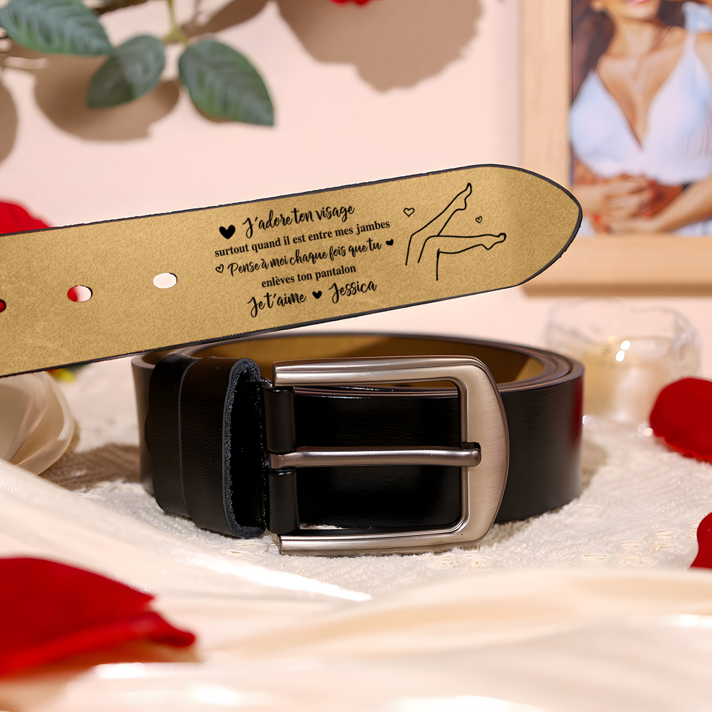 Ceinture en Cuir 1 Prénom Personnalisé avec Texte "J’adore ton visage, surtout quand il est entre mes jambes" Cadeau pour Homme | Jessemade