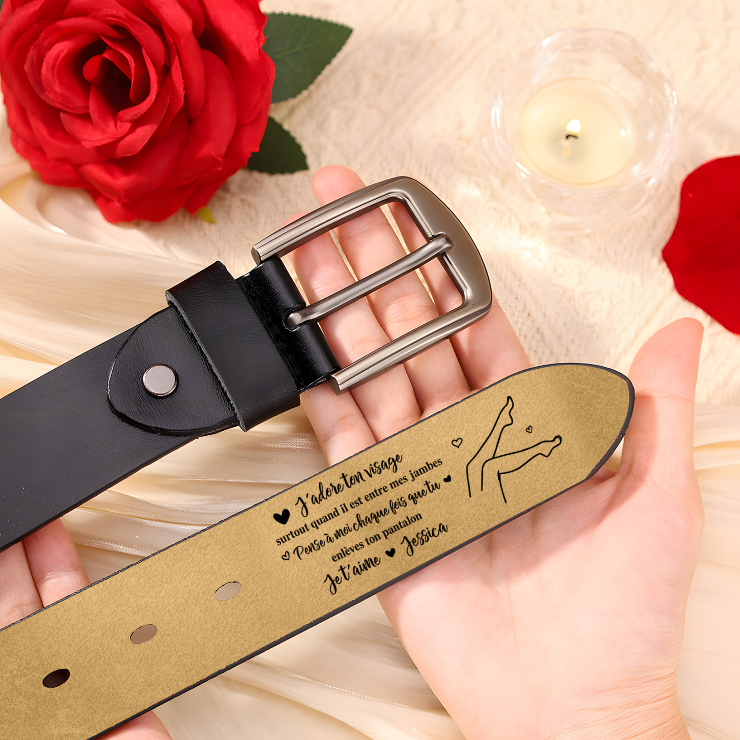 Ceinture en Cuir 1 Prénom Personnalisé avec Texte "J’adore ton visage, surtout quand il est entre mes jambes" Cadeau pour Homme | Jessemade