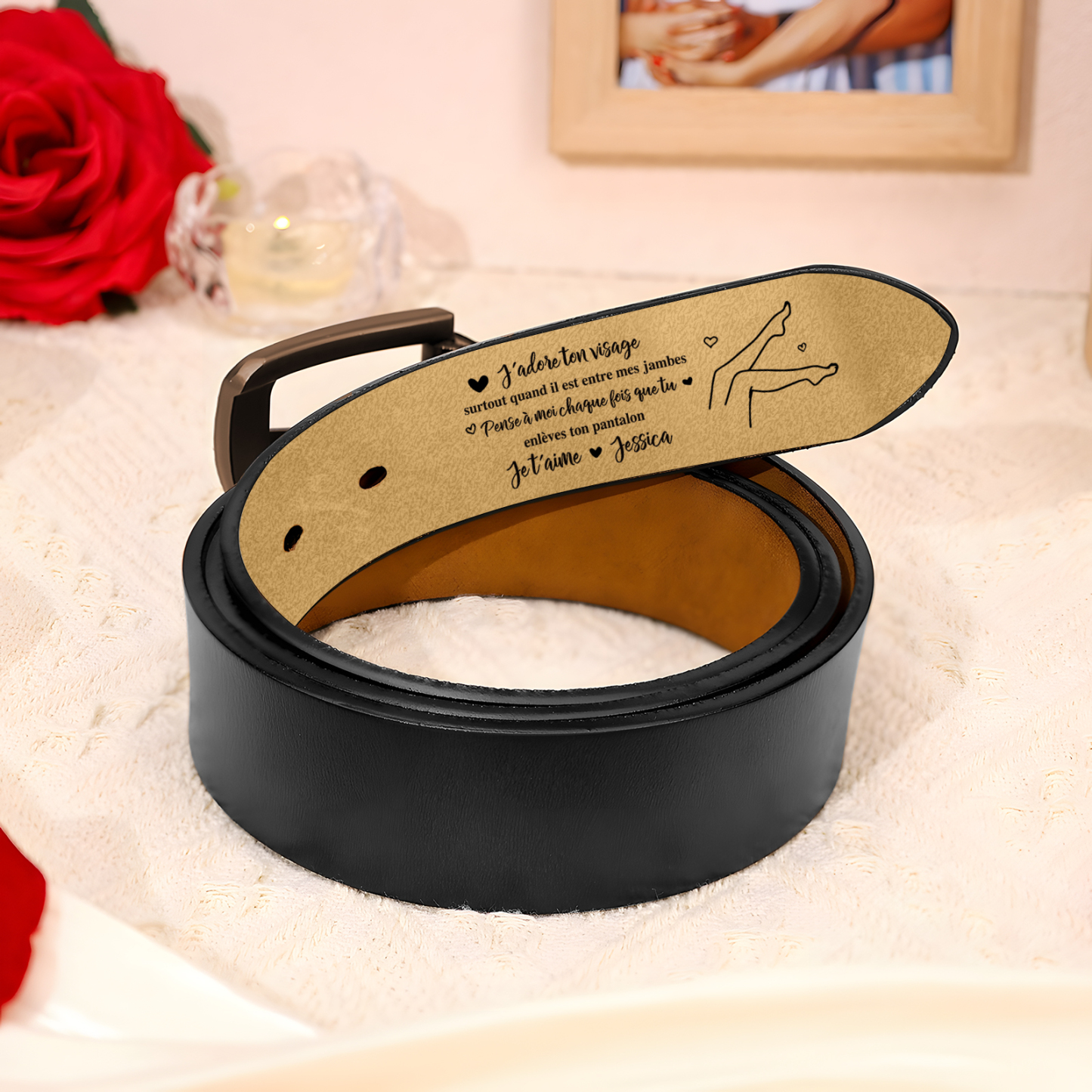 Ceinture en Cuir 1 Prénom Personnalisé avec Texte "J’adore ton visage, surtout quand il est entre mes jambes" Cadeau pour Homme | Jessemade