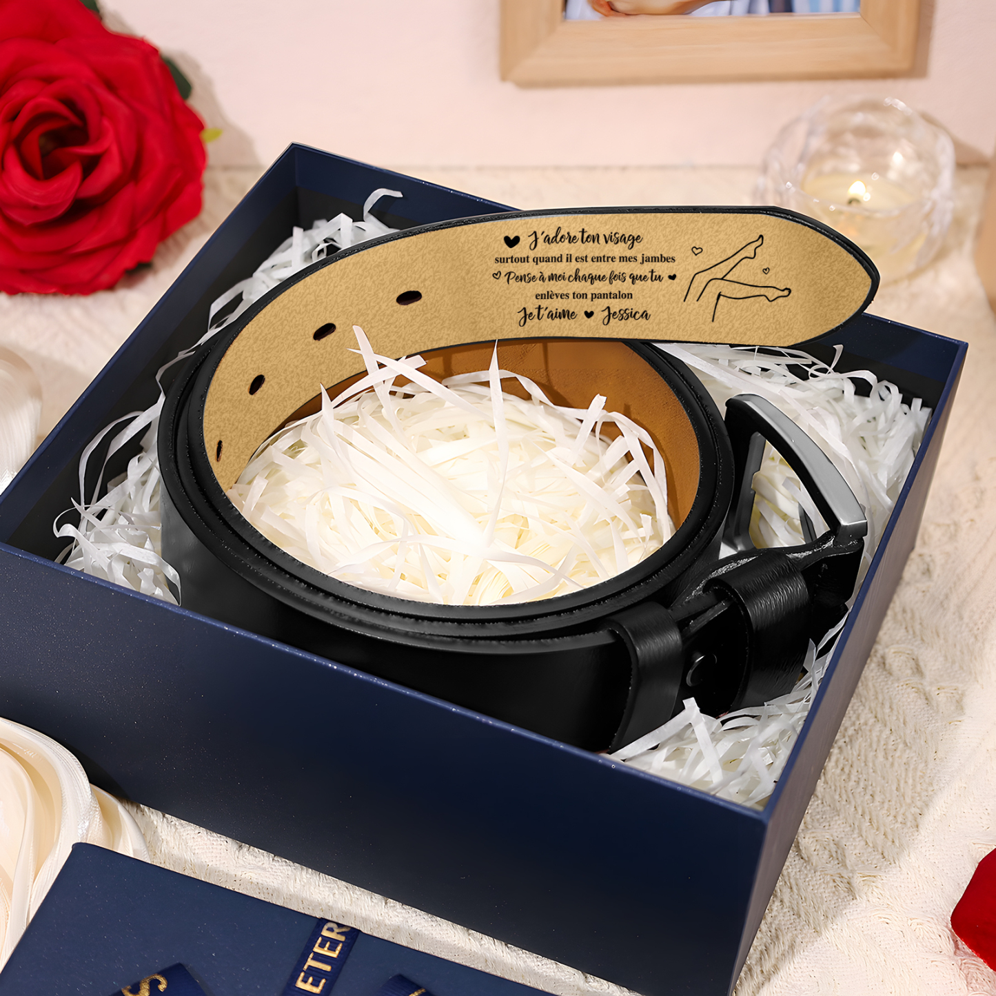 Ceinture en Cuir 1 Prénom Personnalisé avec Texte "J’adore ton visage, surtout quand il est entre mes jambes" Cadeau pour Homme | Jessemade
