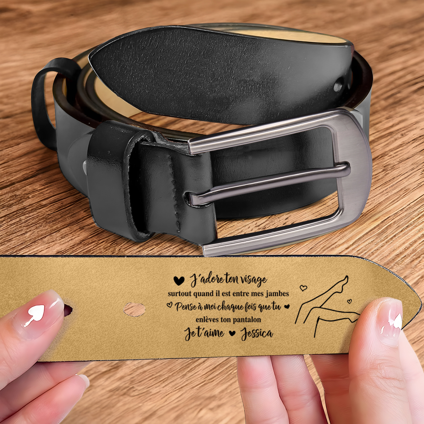 Ceinture en Cuir 1 Prénom Personnalisé avec Texte "J’adore ton visage, surtout quand il est entre mes jambes" Cadeau pour Homme | Jessemade