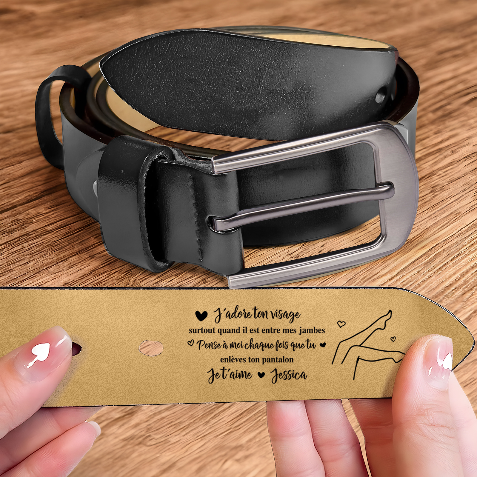 Ceinture en Cuir 1 Prénom Personnalisé avec Texte "J’adore ton visage, surtout quand il est entre mes jambes" Cadeau pour Homme | Jessemade