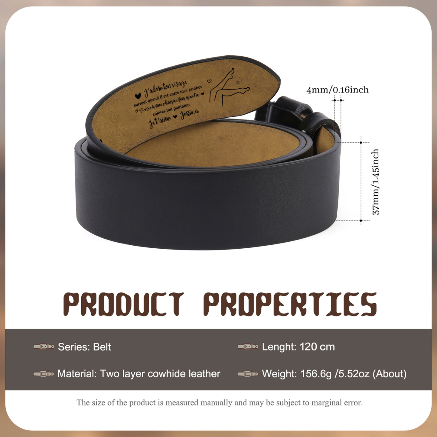 Ceinture en Cuir 1 Prénom Personnalisé avec Texte "J’adore ton visage, surtout quand il est entre mes jambes" Cadeau pour Homme | Jessemade