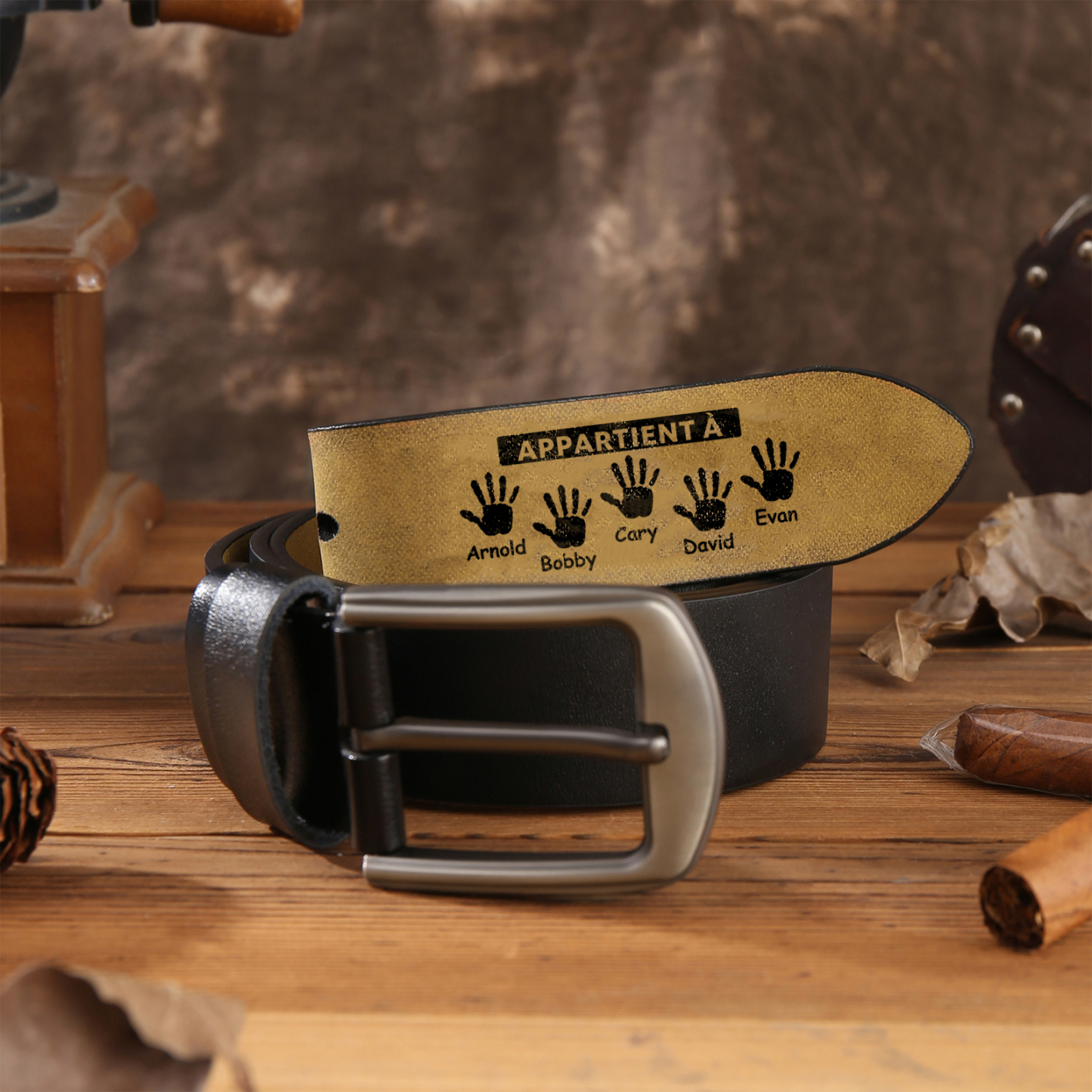 À mon Papa - Ceinture en Cuir Personnalisé avec 5 Prénoms et 2 Textes Meilleur Papa du Monde Cadeau pour Homme | Jessemade