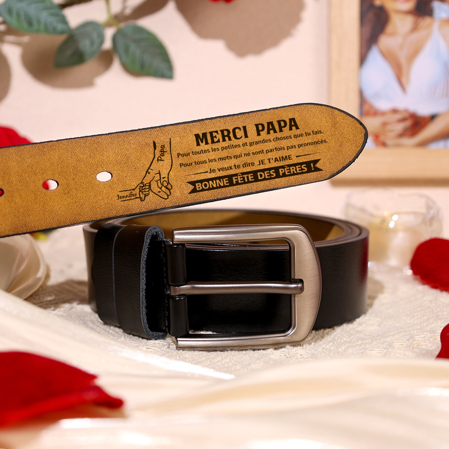 À mon Papa - Ceinture en Cuir 2 Prénoms Personnalisés La Main Dans La Main Cadeau pour Homme | Jessemade