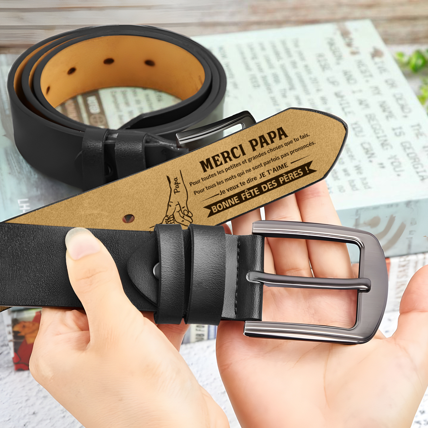 À mon Papa - Ceinture en Cuir 2 Prénoms Personnalisés La Main Dans La Main Cadeau pour Homme | Jessemade