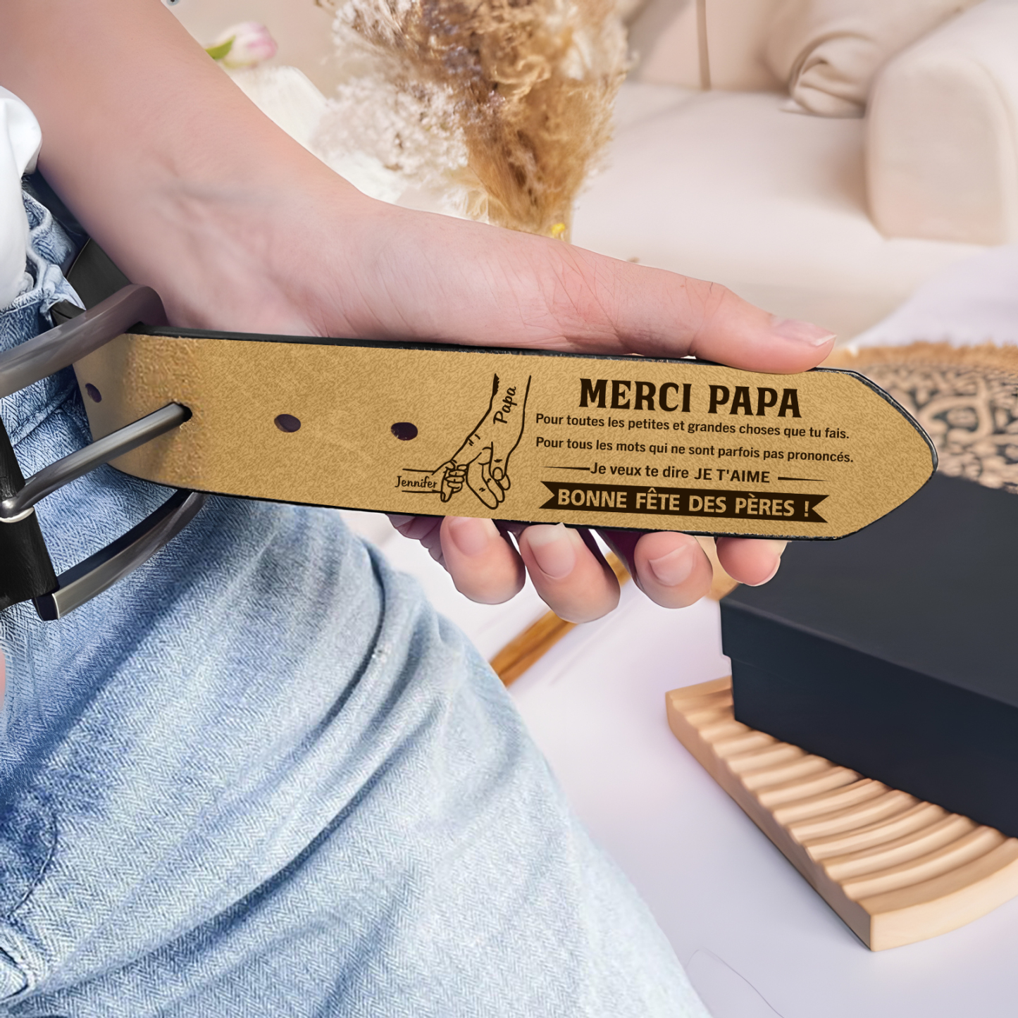 À mon Papa - Ceinture en Cuir 2 Prénoms Personnalisés La Main Dans La Main Cadeau pour Homme | Jessemade