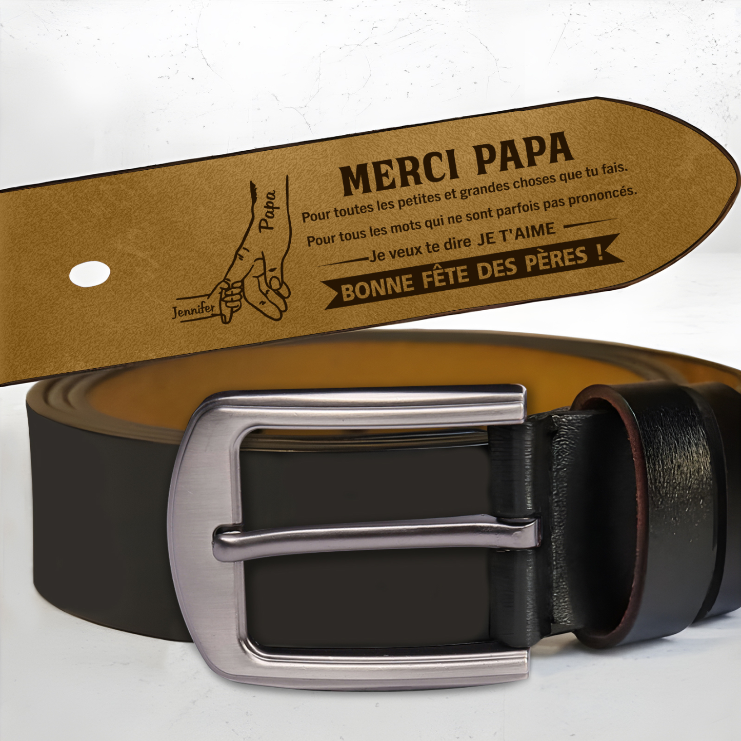 Ceinture en cuir personnalisée pour Papa avec message gravé et prénoms – Cadeau original fête des pères | Jessemade