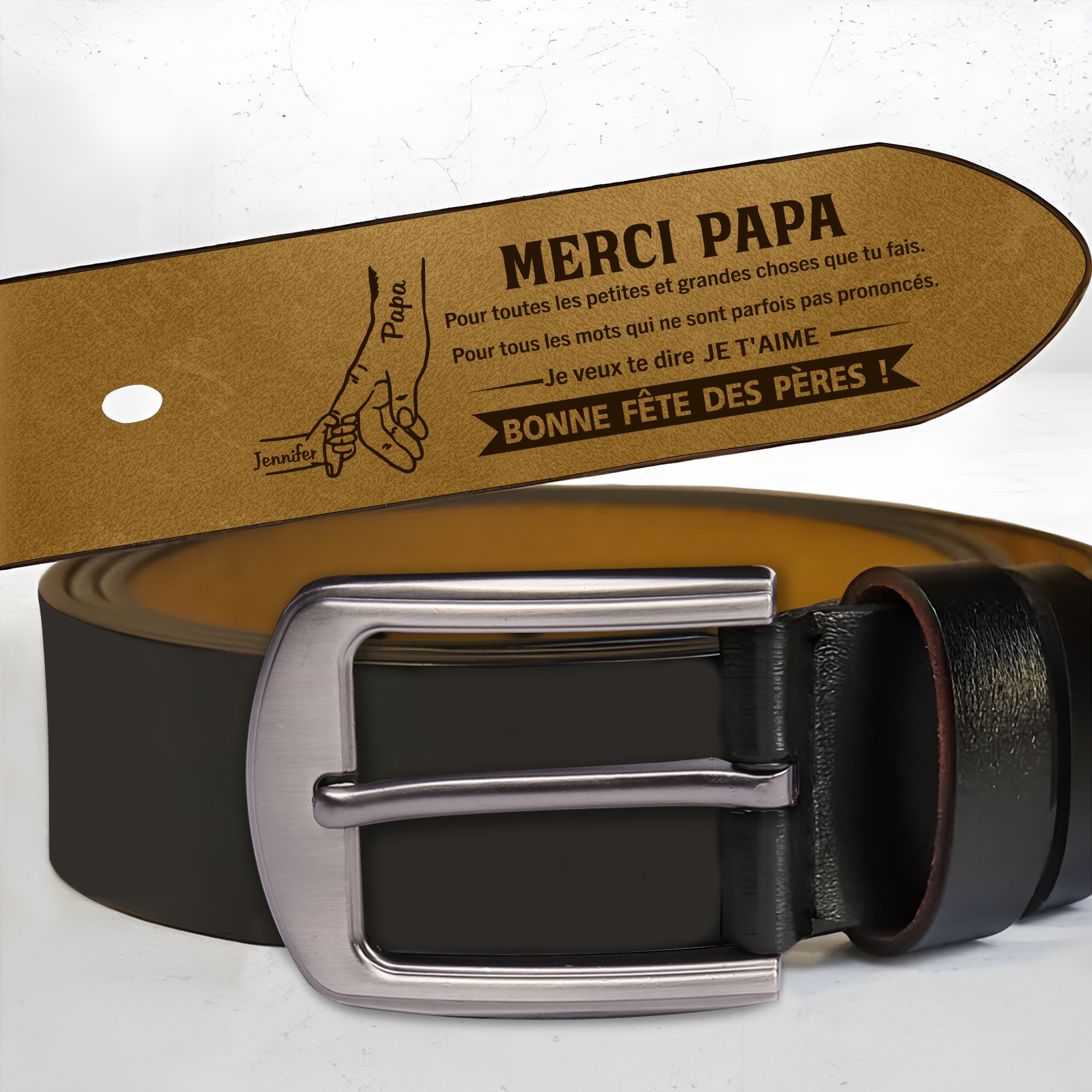 Ceinture en cuir personnalisée pour Papa avec message gravé et prénoms – Cadeau original fête des pères | Jessemade