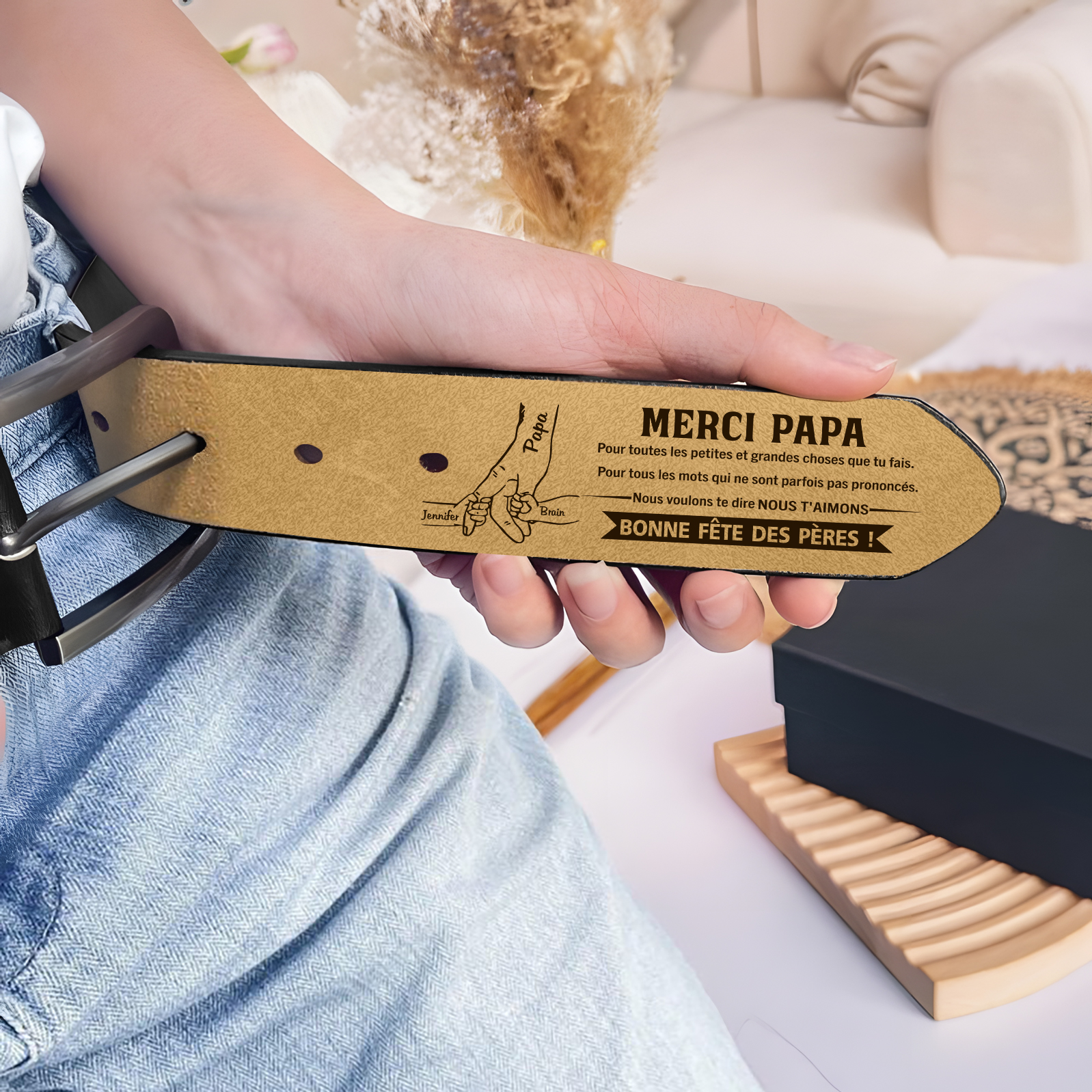 À mon Papa - Ceinture en Cuir 3 Prénoms Personnalisés La Main Dans La Main Cadeau pour Homme | Jessemade