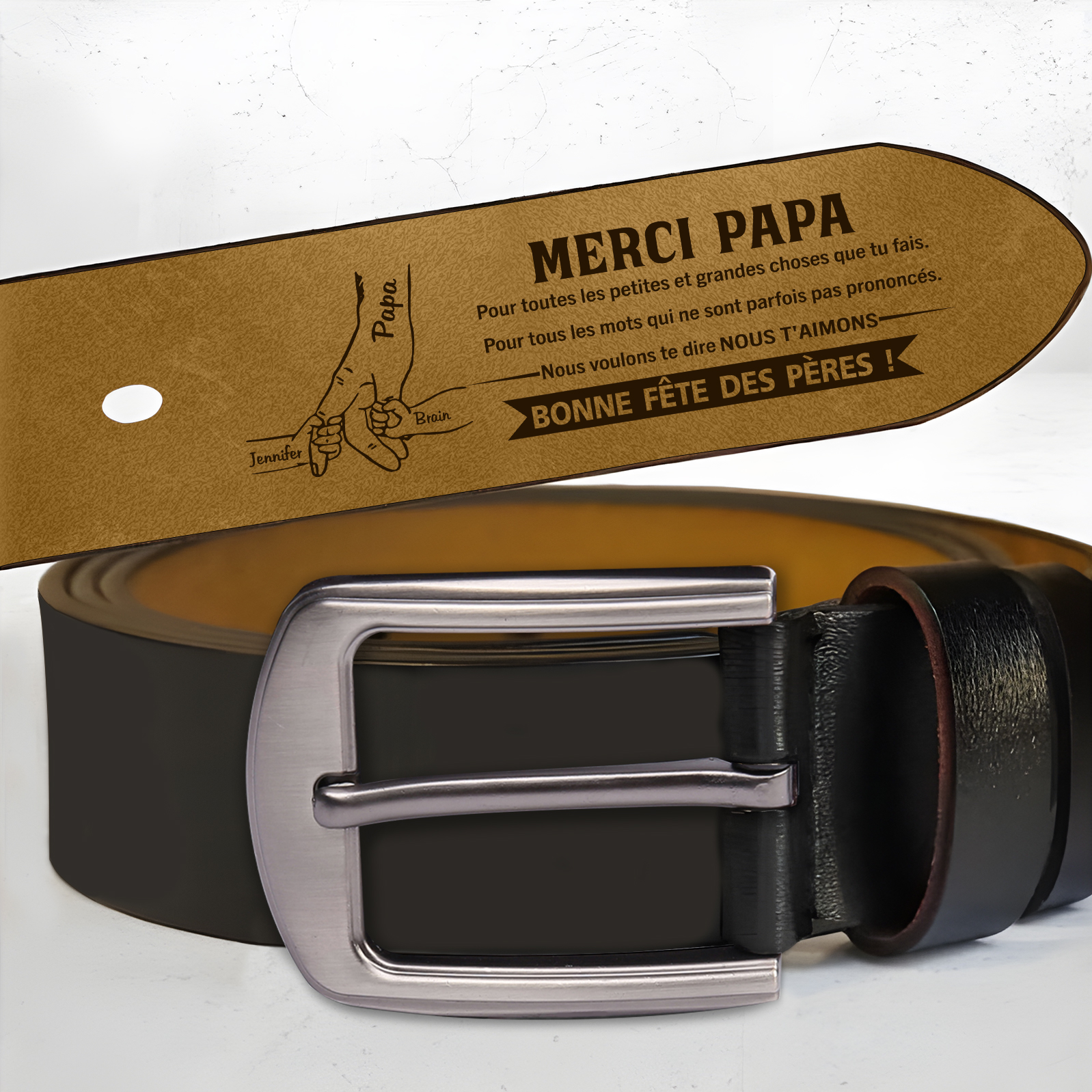 À mon Papa - Ceinture en Cuir 3 Prénoms Personnalisés La Main Dans La Main Cadeau pour Homme | Jessemade