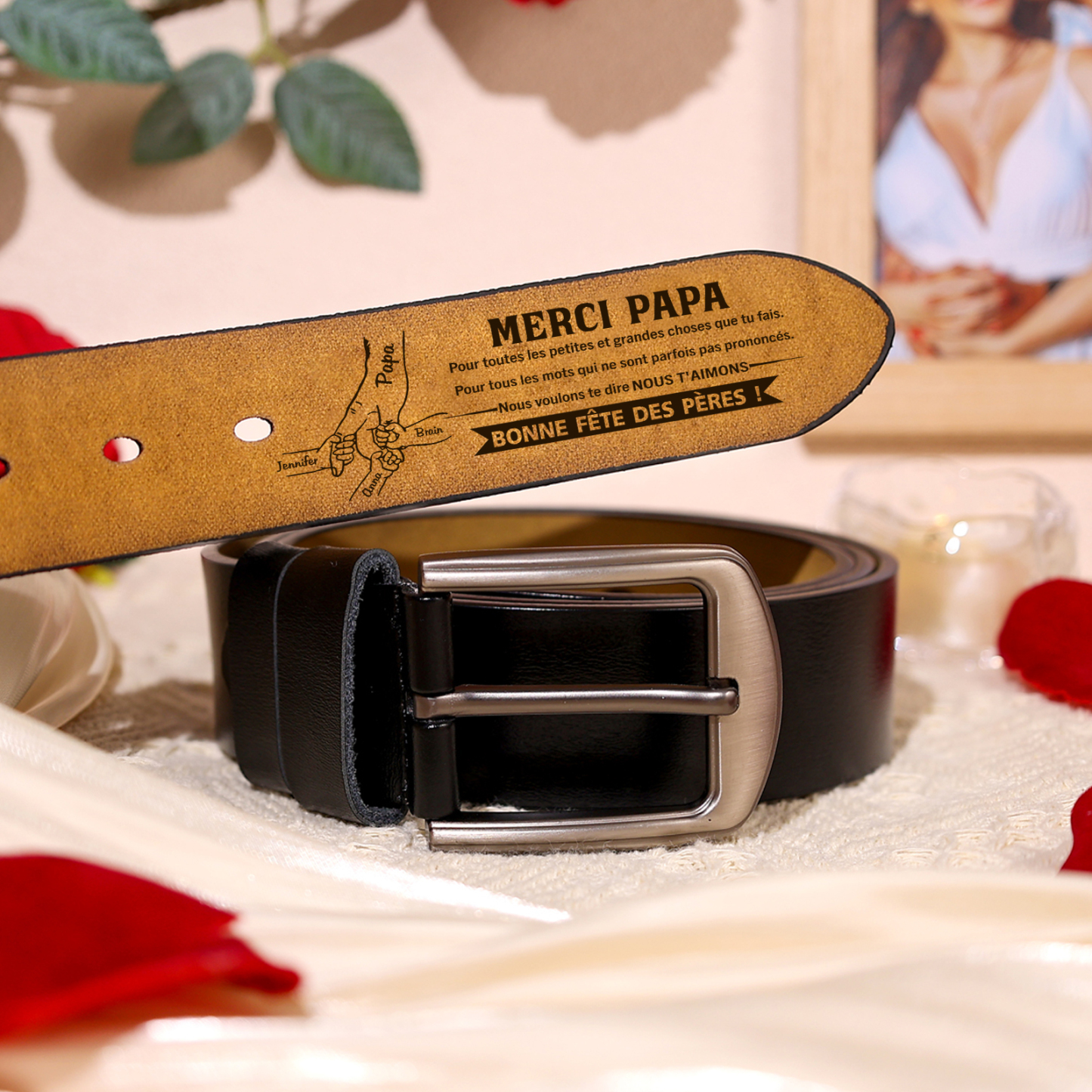 À mon Papa - Ceinture en Cuir 4 Prénoms Personnalisés La Main Dans La Main Cadeau pour Homme | Jessemade