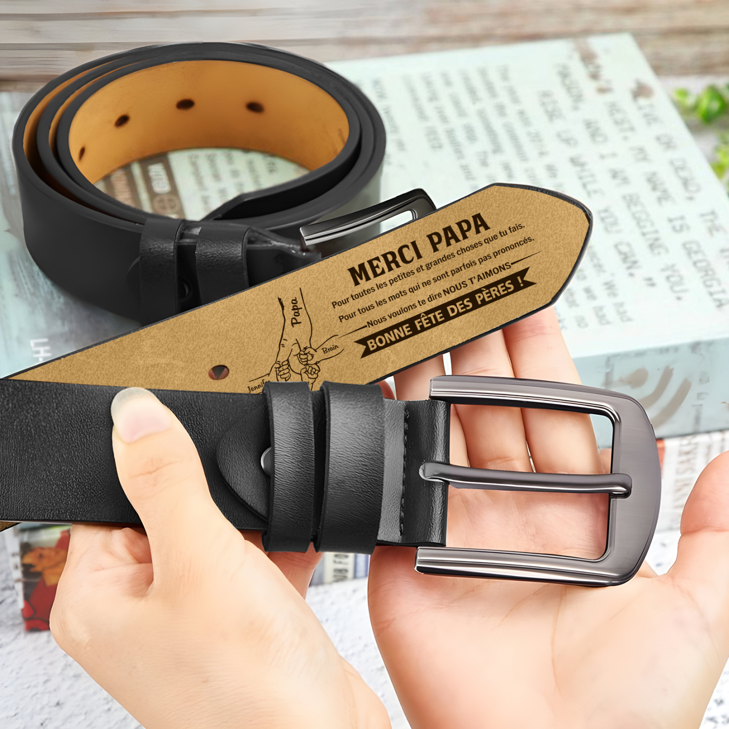 À mon Papa - Ceinture en Cuir 4 Prénoms Personnalisés La Main Dans La Main Cadeau pour Homme | Jessemade