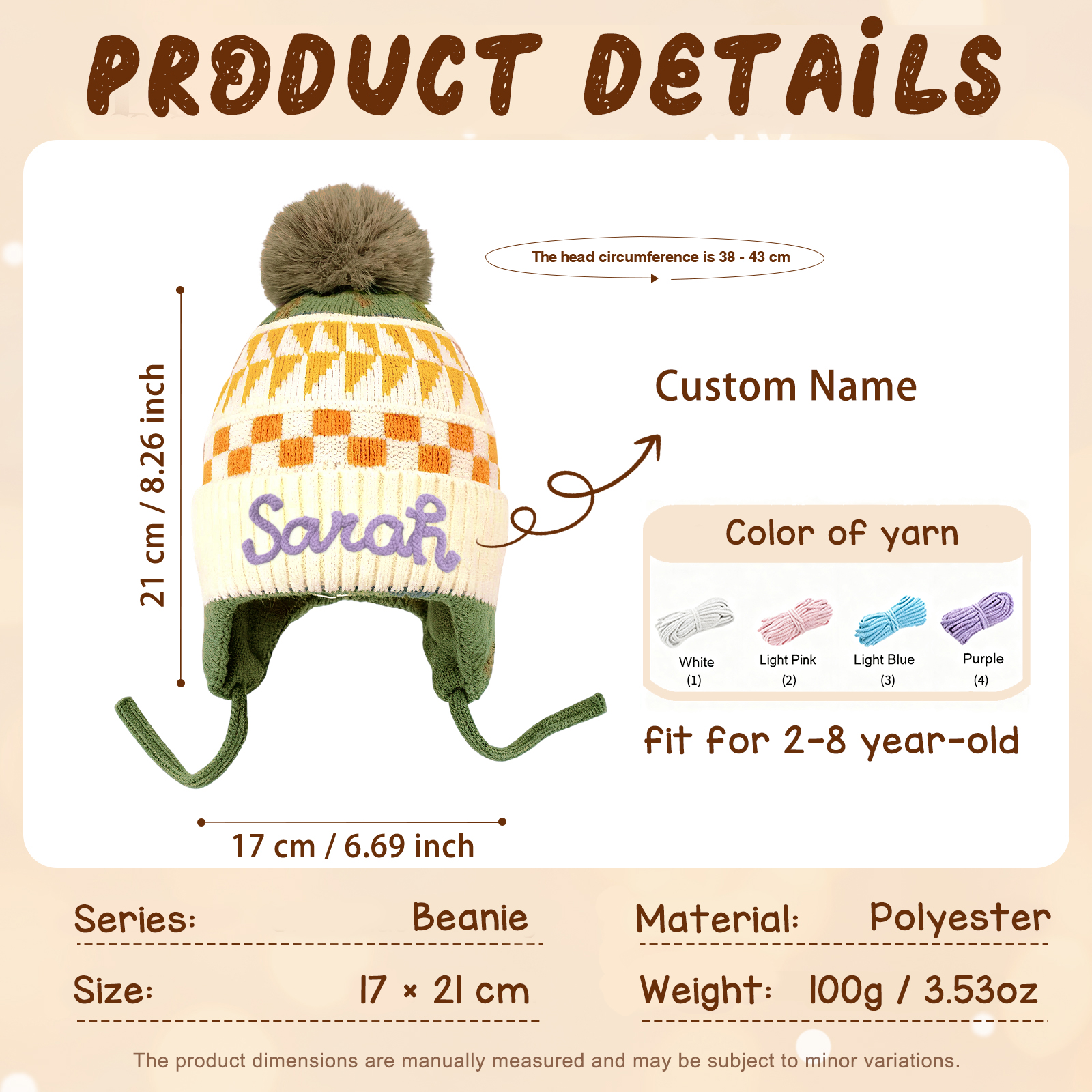 Bonnet en peluche pour enfants, mignon, à pompon et oreillettes, personnalisé avec nom