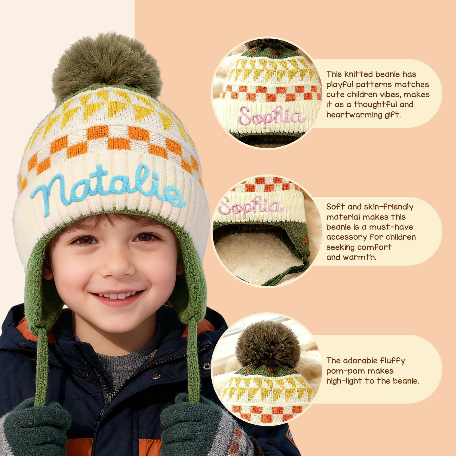 Bonnet en peluche pour enfants, mignon, à pompon et oreillettes, personnalisé avec nom