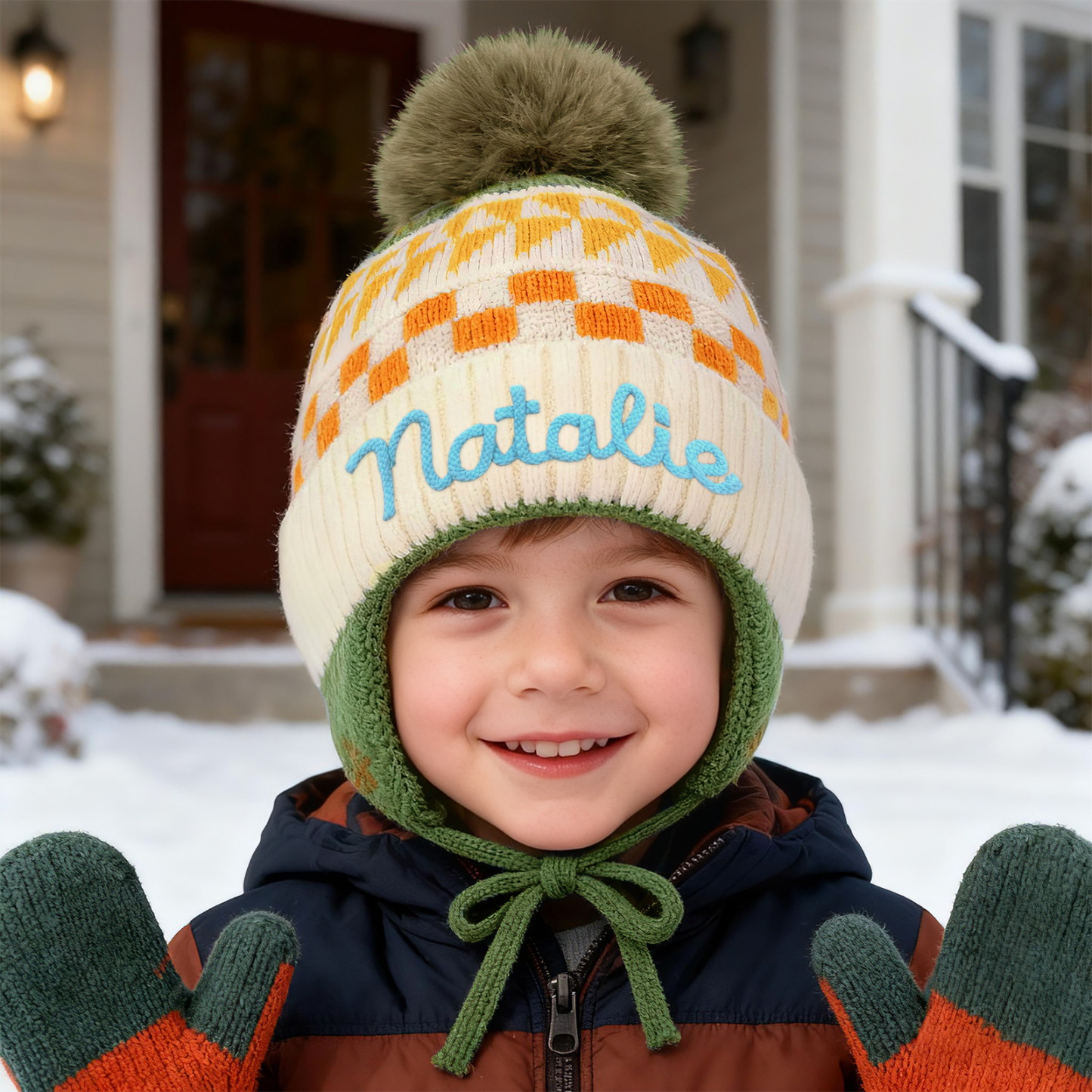 Bonnet en peluche pour enfants, mignon, à pompon et oreillettes, personnalisé avec nom