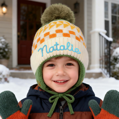 Bonnet en peluche pour enfants, mignon, à pompon et oreillettes, personnalisé avec nom