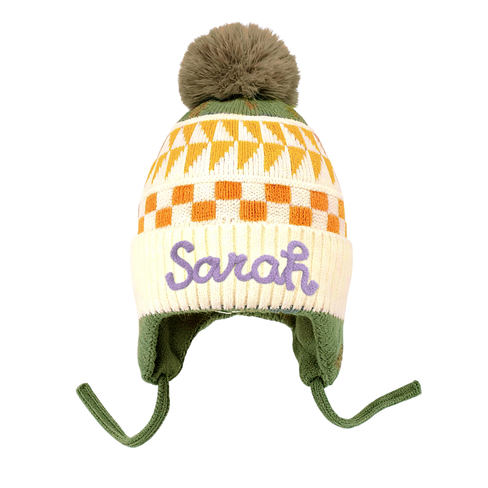 Bonnet en peluche pour enfants, mignon, à pompon et oreillettes, personnalisé avec nom