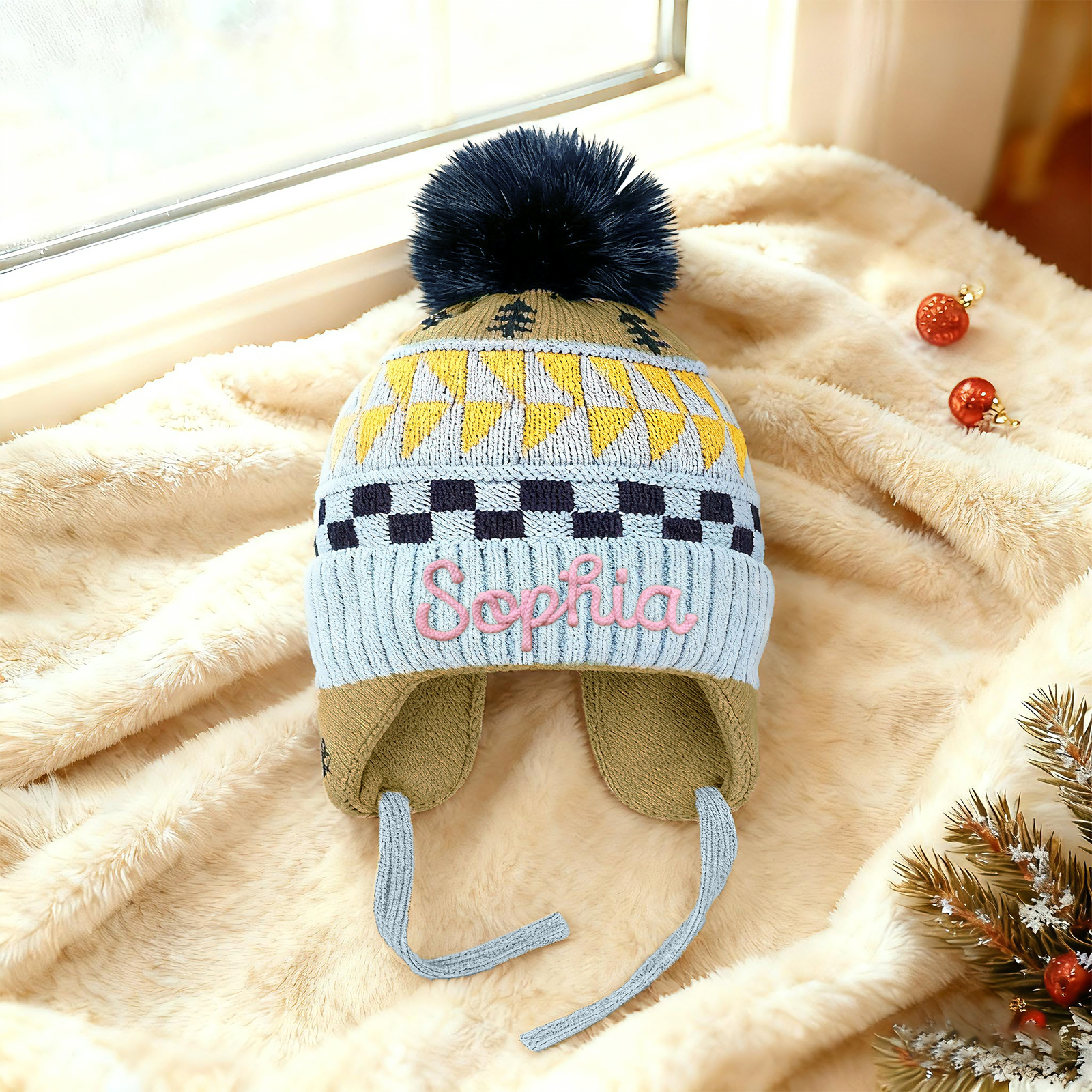 Bonnet en peluche pour enfants, mignon, à pompon et oreillettes, personnalisé avec nom