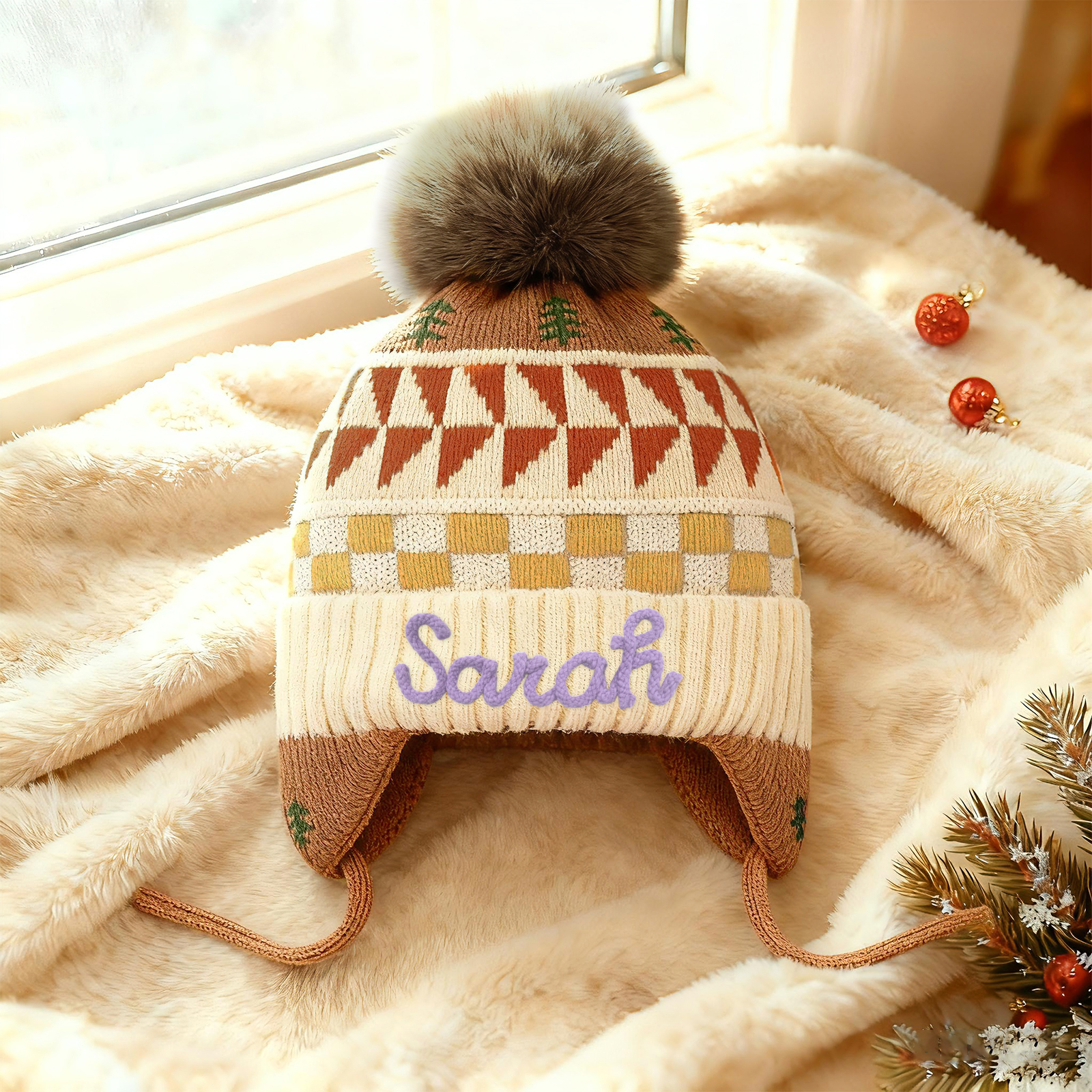 Bonnet en peluche pour enfants, mignon, à pompon et oreillettes, personnalisé avec nom