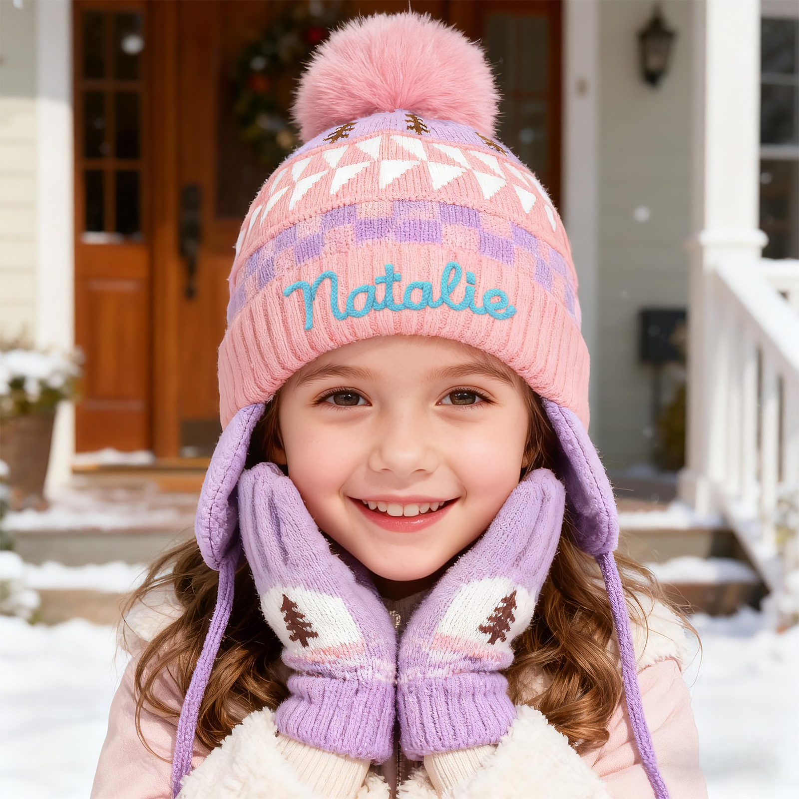 Bonnet en peluche pour enfants, mignon, à pompon et oreillettes, personnalisé avec nom