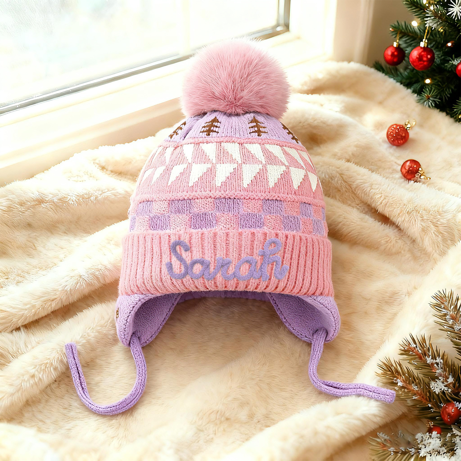 Bonnet en peluche pour enfants, mignon, à pompon et oreillettes, personnalisé avec nom