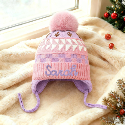 Bonnet en peluche pour enfants, mignon, à pompon et oreillettes, personnalisé avec nom
