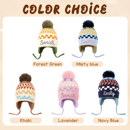 Bonnet en peluche pour enfants, mignon, à pompon et oreillettes, personnalisé avec nom