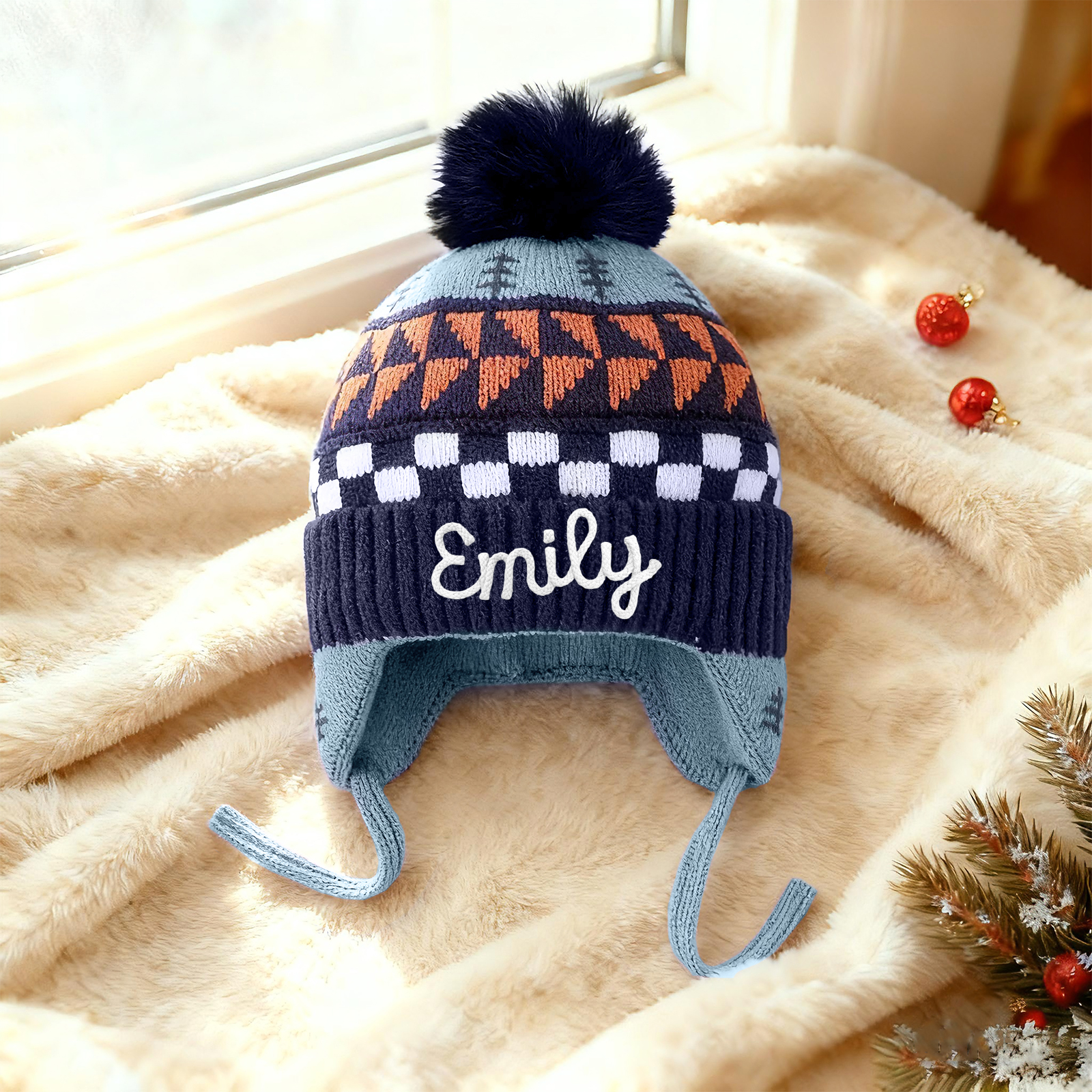 Bonnet en peluche pour enfants, mignon, à pompon et oreillettes, personnalisé avec nom