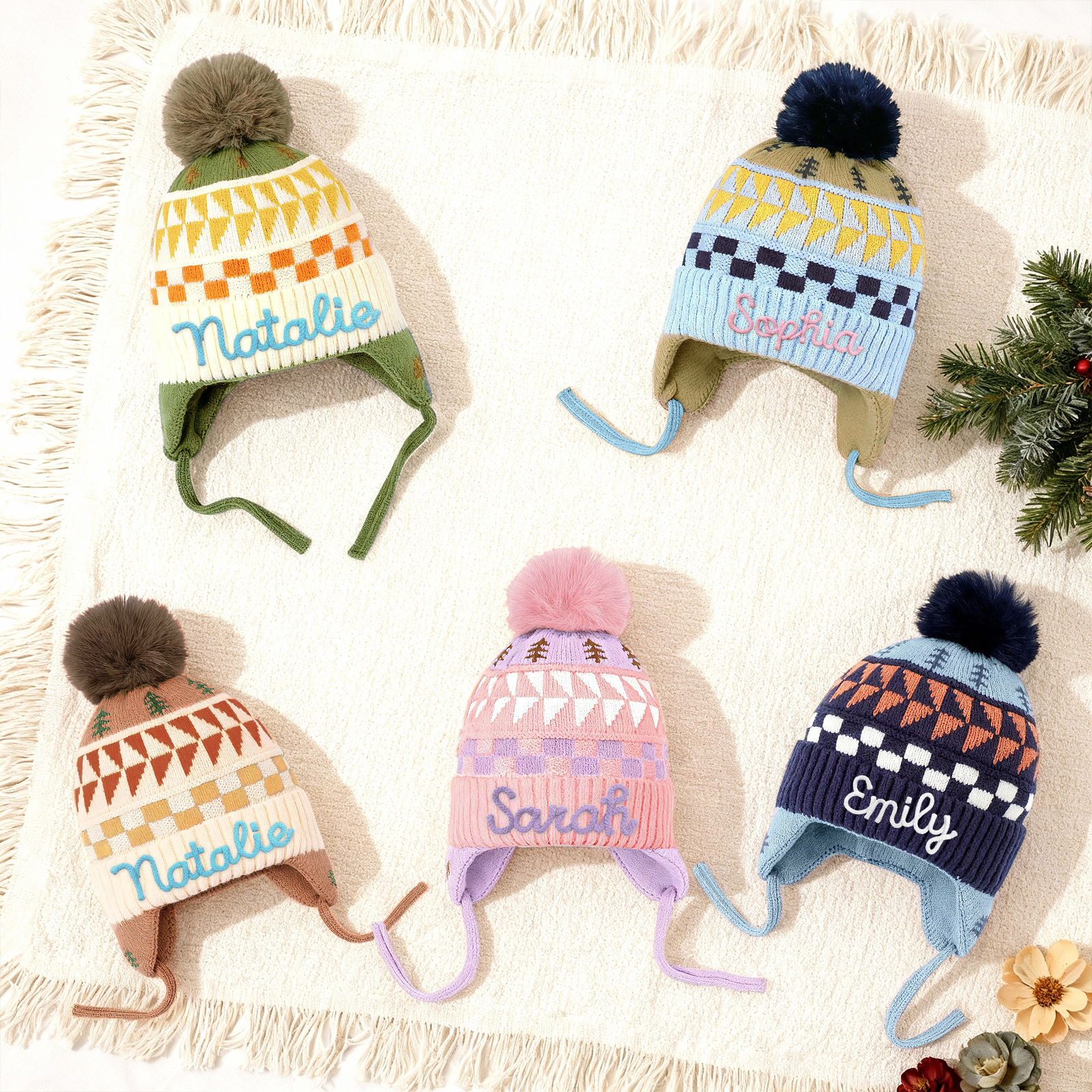 Bonnet en peluche pour enfants, mignon, à pompon et oreillettes, personnalisé avec nom